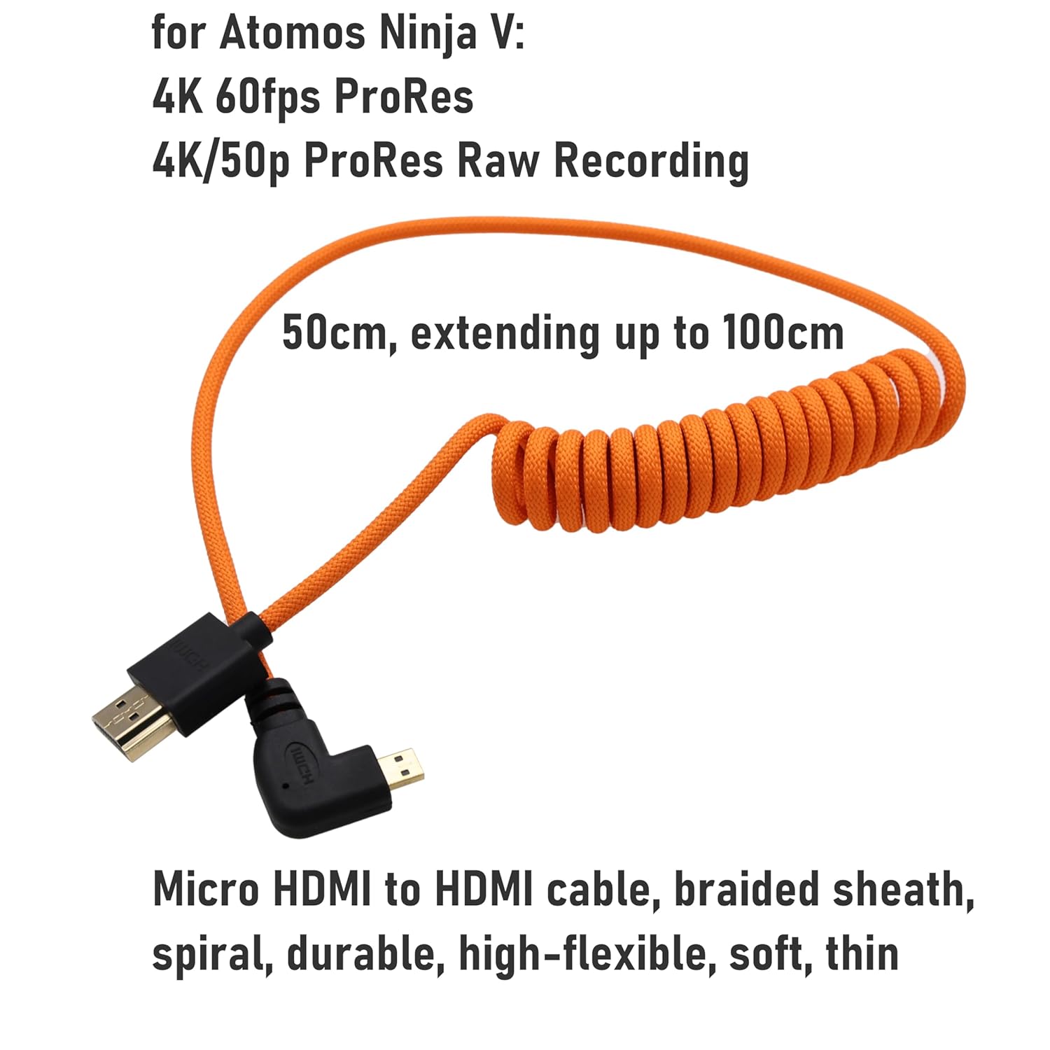 Micro HDMI 4K 6K 8K Cable for Canon R6 Mark II R5 R10 Sony A7CR ZV-E1 A6700 Z50 ATOMOS Ninja V Ultra Shinobi Portkeys Feelworld VILTROX Monitor, High-Speed Flexible Orange Spiral 50cm