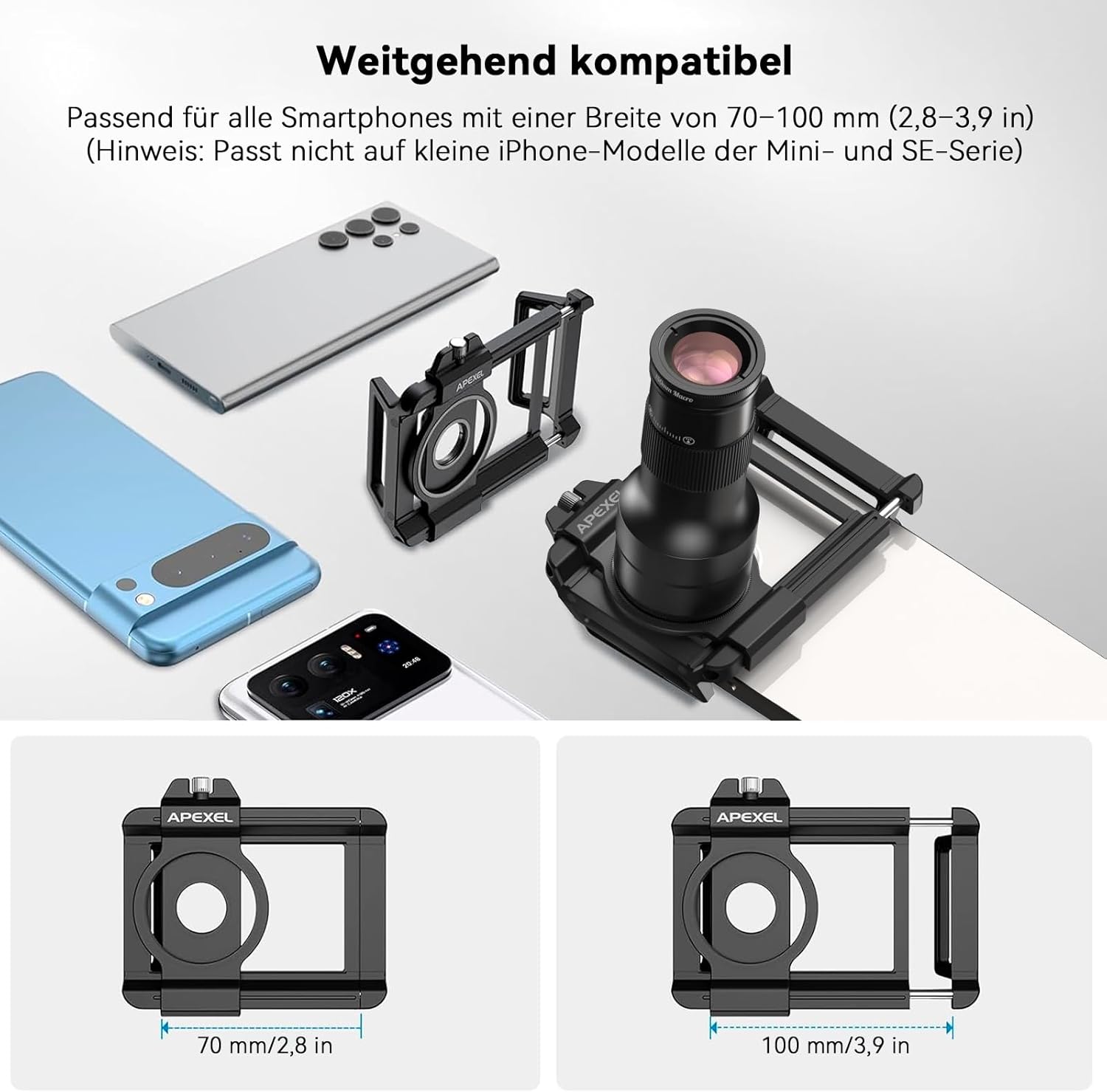 Diagram showing smartphone compatibility range for the APEXEL lens clip.