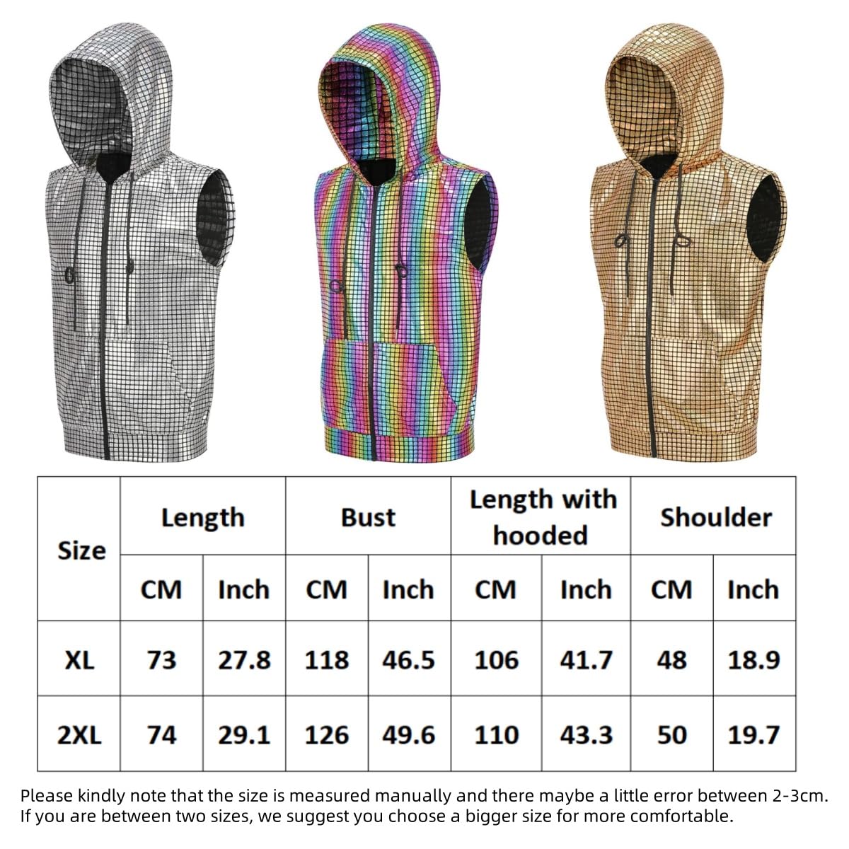 Gilet capuche brillant pour homme, T-shirt sans manches fermeture éclair avec paillettes métalliques et poche kangourou, Chemise de fête paillettes brillantes, disco des années 70-80 pour nightclub