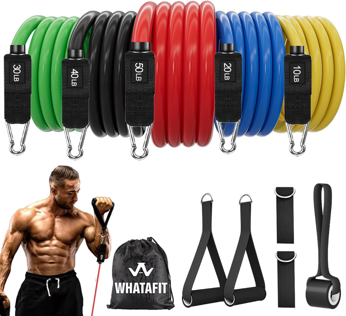 Whatafit Resistance Bands Set, Exercise Bands with Door Anchor, Handles, Carry Bag, Legs Ankle Straps for Resistance Training, Physical Therapy, Home Workouts