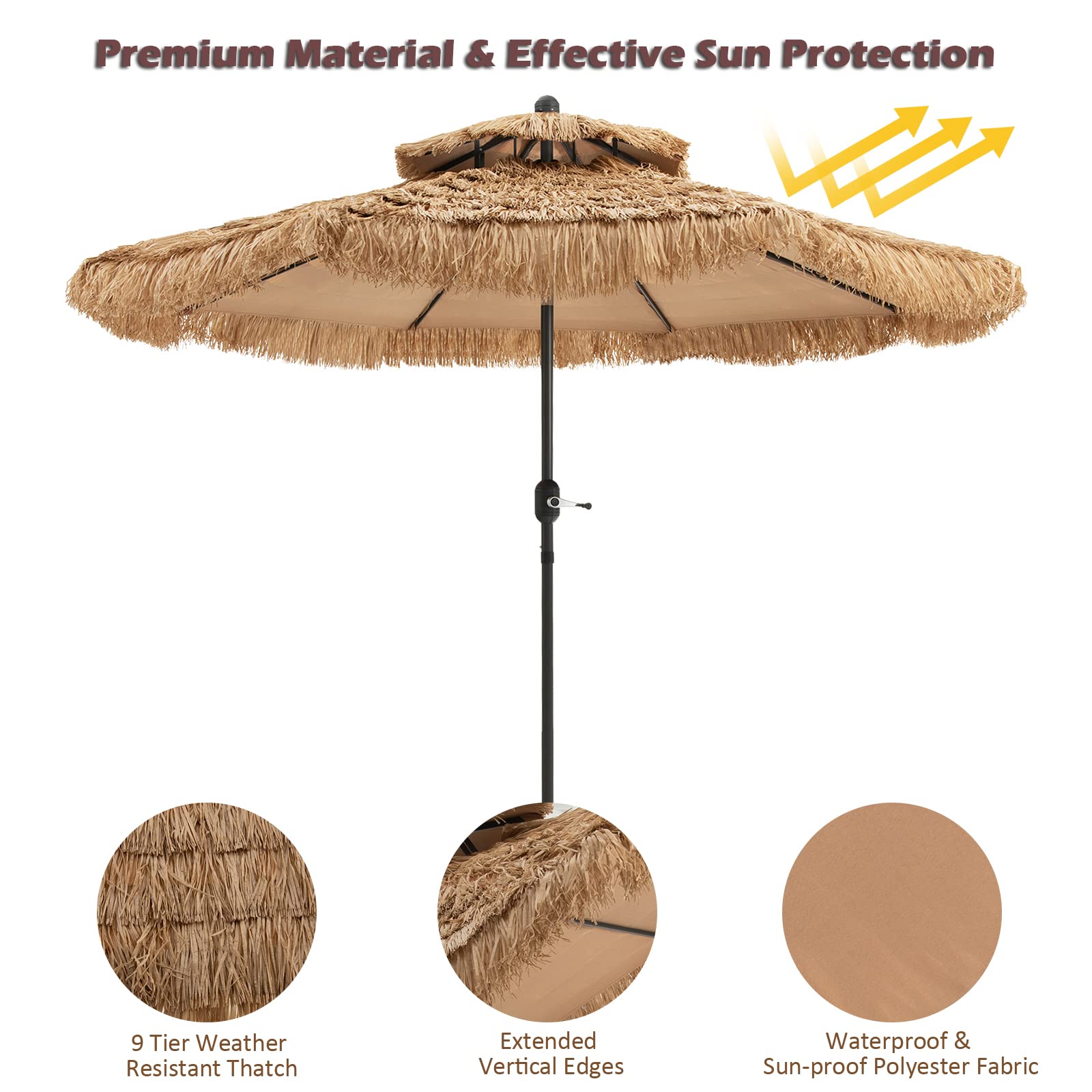 KOMFOTTEU Hawajski parasol przeciwsłoneczny, 2,7 m, ochrona przed słońcem, parasol typu łyk, zginany, parasol plażowy z podwójnym dachem, parasol tarasowy do ogrodu, na balkon, plażę, żółto-brązowy,