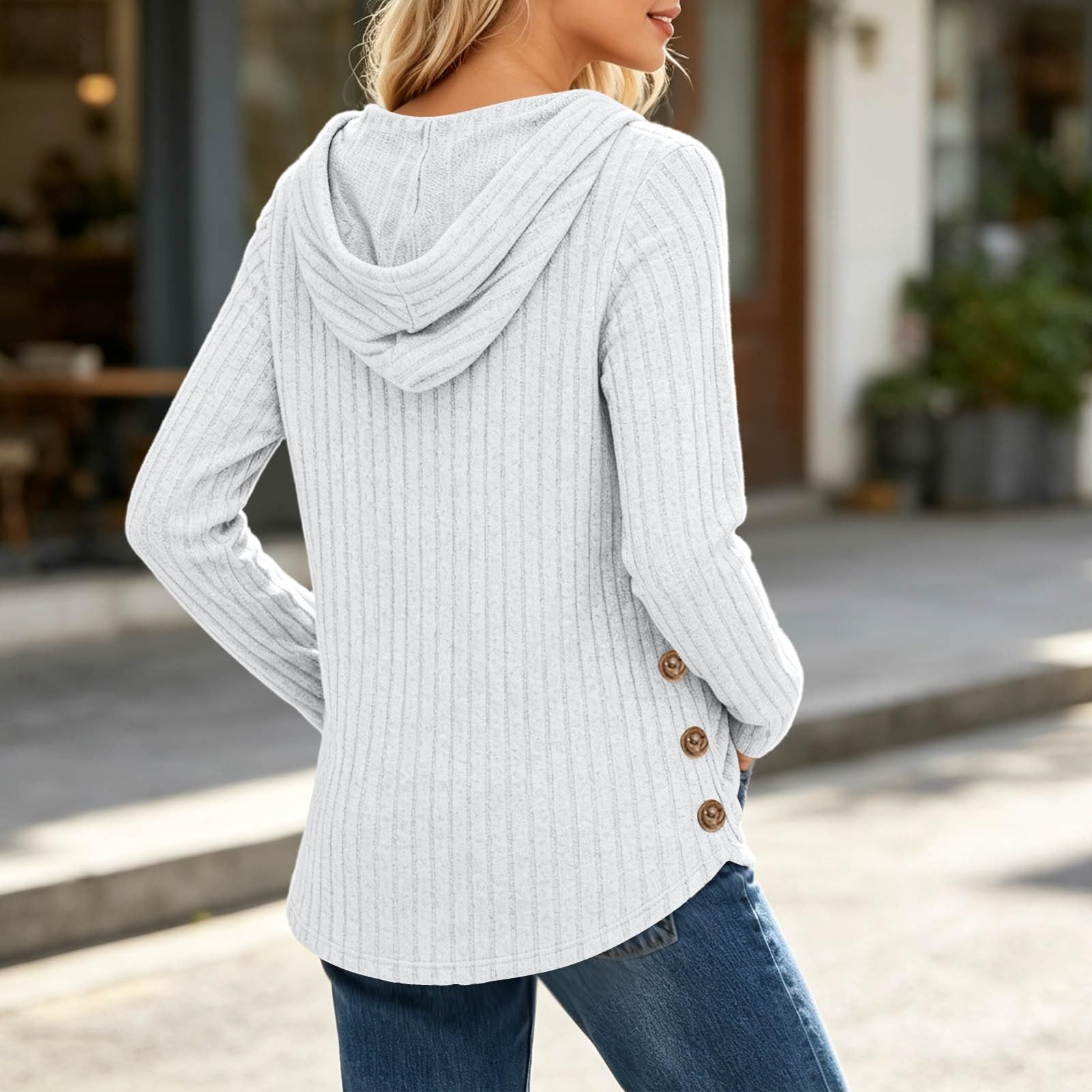 Hoodie Damen Strickpullover Oversize Pullover Rippstrick Kapuzenpullover Lässige Winterpullover Elegante Hoodies Warme Sweatshirt Atmungsaktiv Strick Pulli mit Knöpfen Arc-Saum Einfarbig Hoody