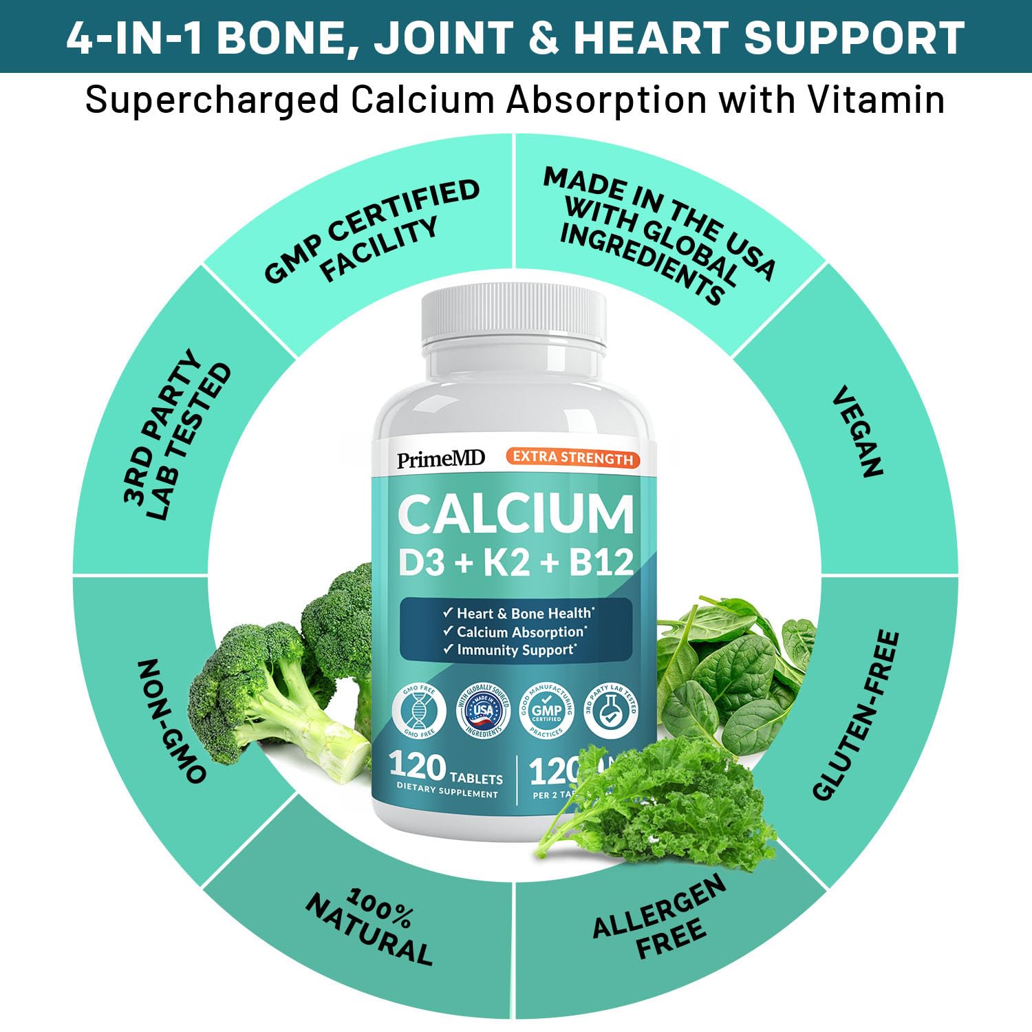 PrimeMD 4-in-1 Calcium 1200mg, Vitamin D3 K2 5000IU, Vegan Non-GMO, 120ct — Amazon image 3