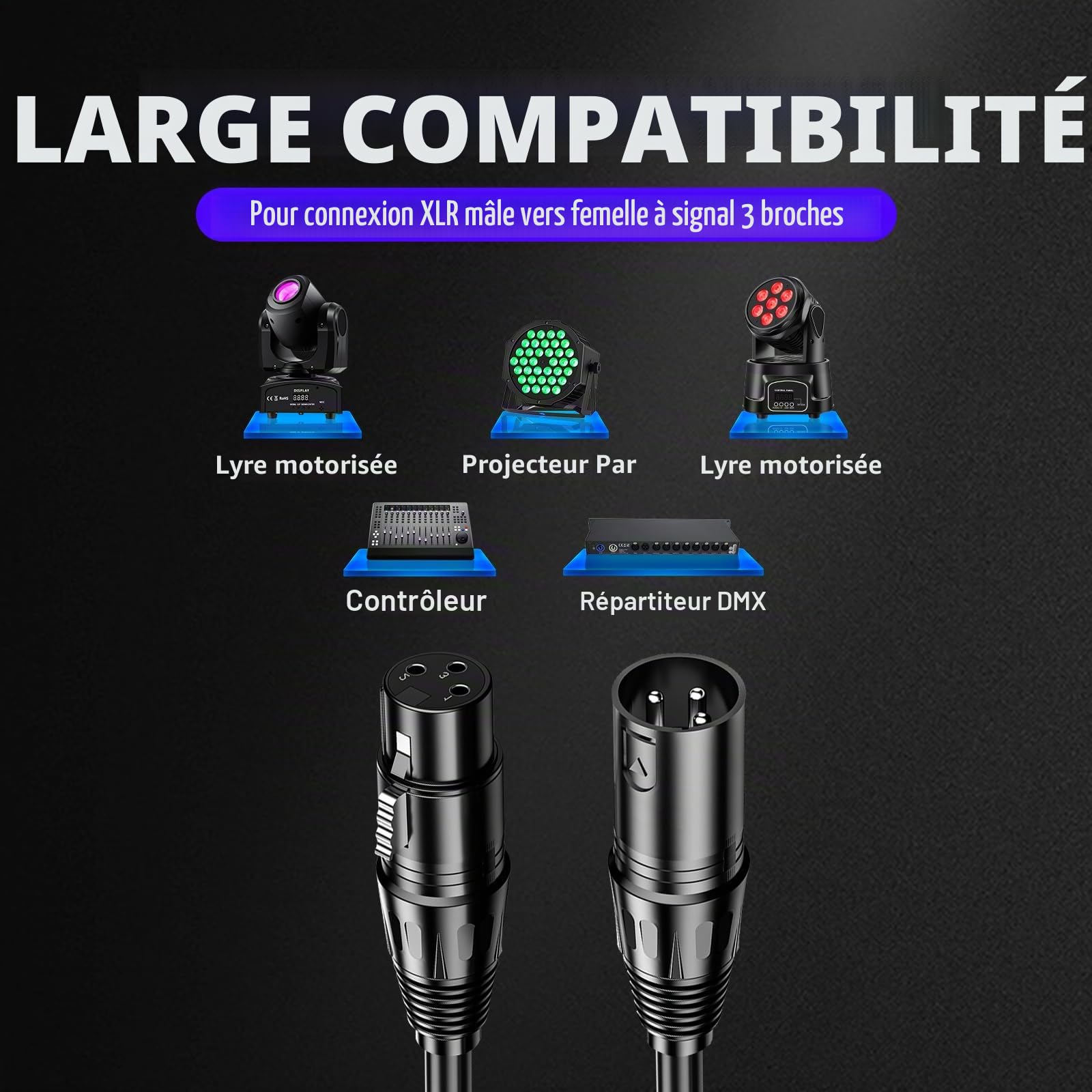 1,2 mètres de Câbles DMX 10 Pièces, Flexibles 3 Broches Signal XLR Mâle à Femelle DMX Cable Pour Signal D'éclairage de Scène Connexion XLR Fil De Lumière de Scène