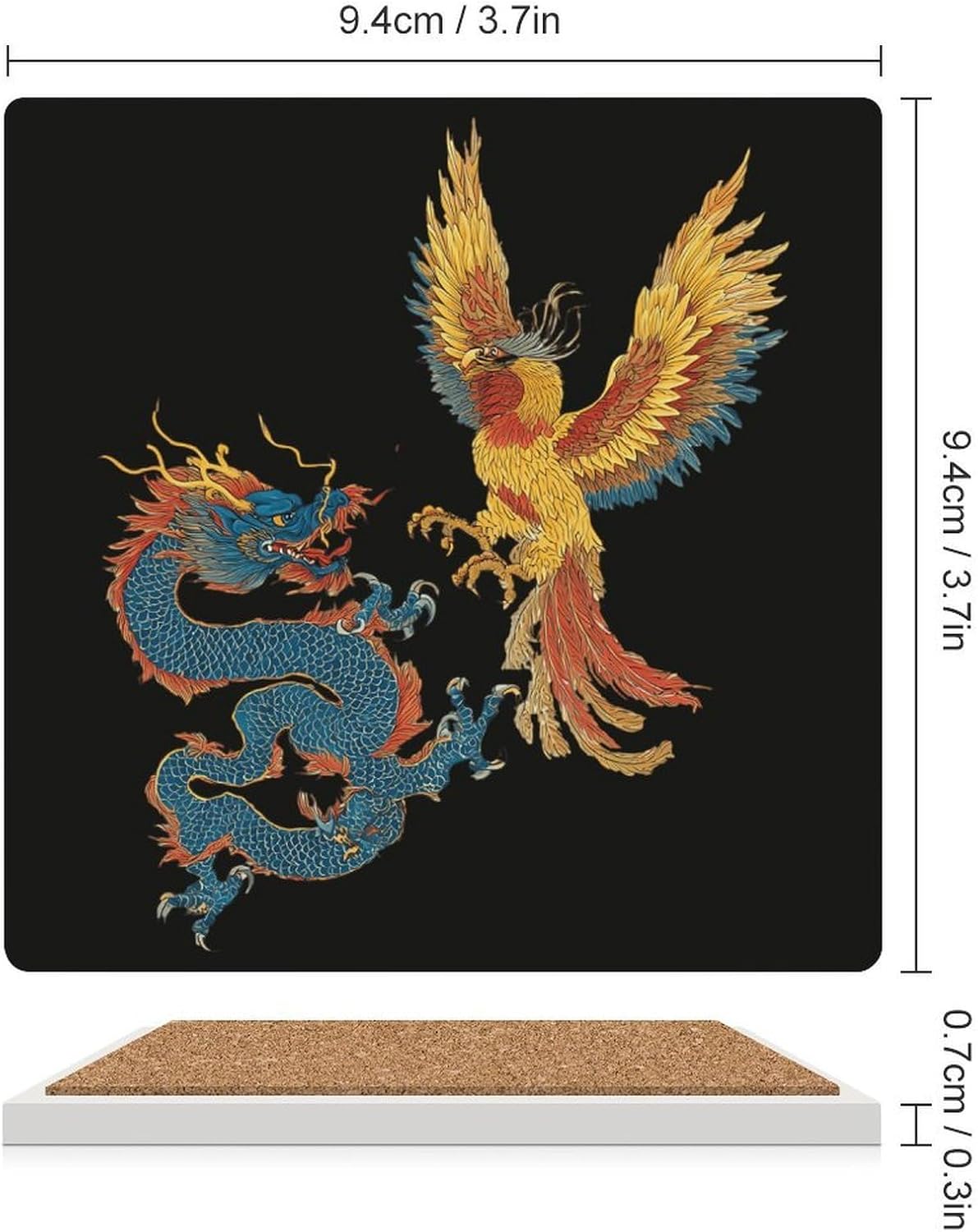 Chinese Dragon and Phoenixbird Coaster for Drinks Square Ceramic Table Coasters Stone Mat Crafts 6PCS Home Kitchen Decor