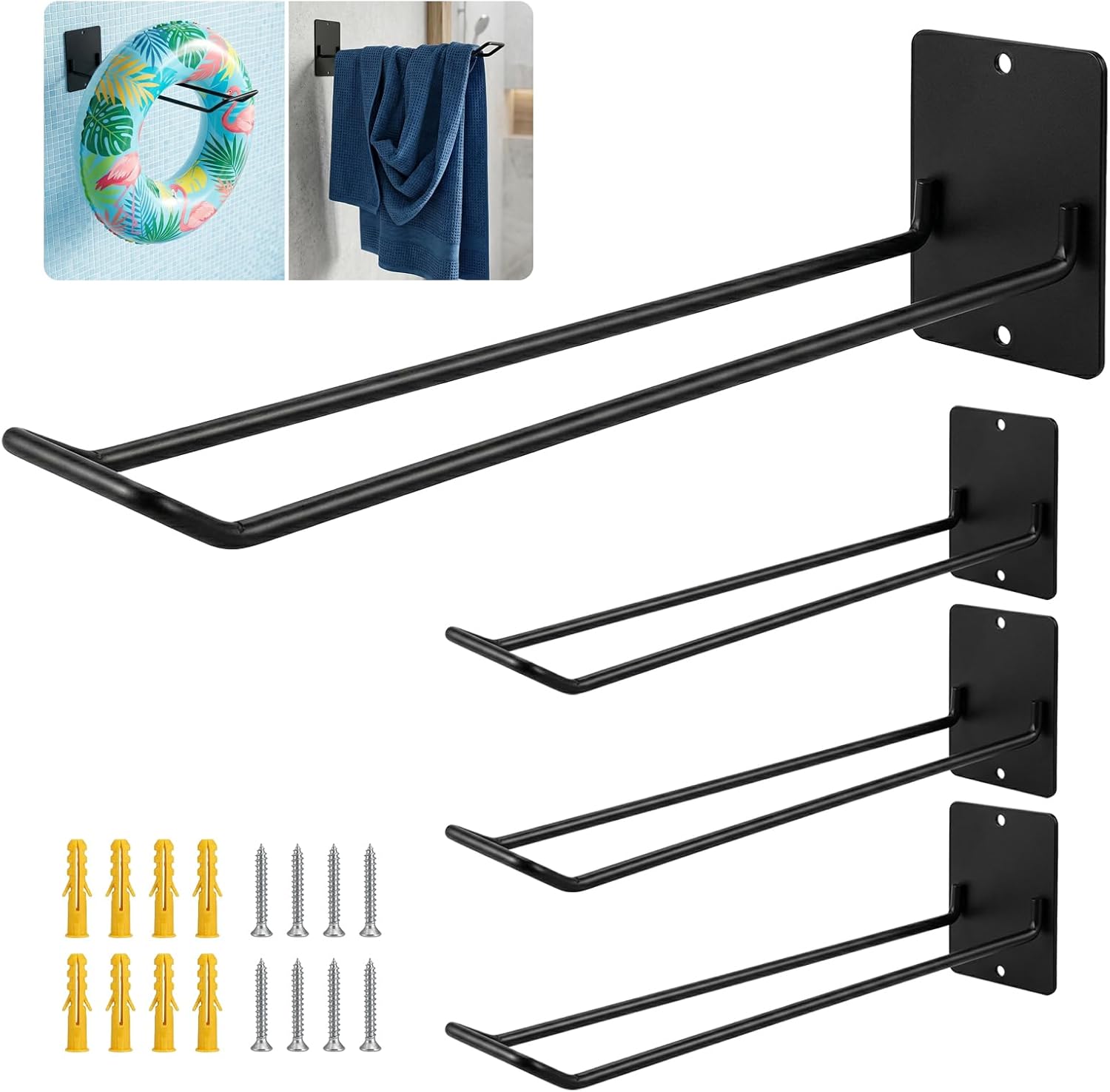 [4-Pack] Upgraded Pool Towel Rack for Pool Area Outside, Safer U-Shape Metal Pool Float Storage Rack, Heavy Duty 5.5mm Swimming Ring Holder Wall Mount Organizer for Fence, Hot Tub, Black (16.5" L)