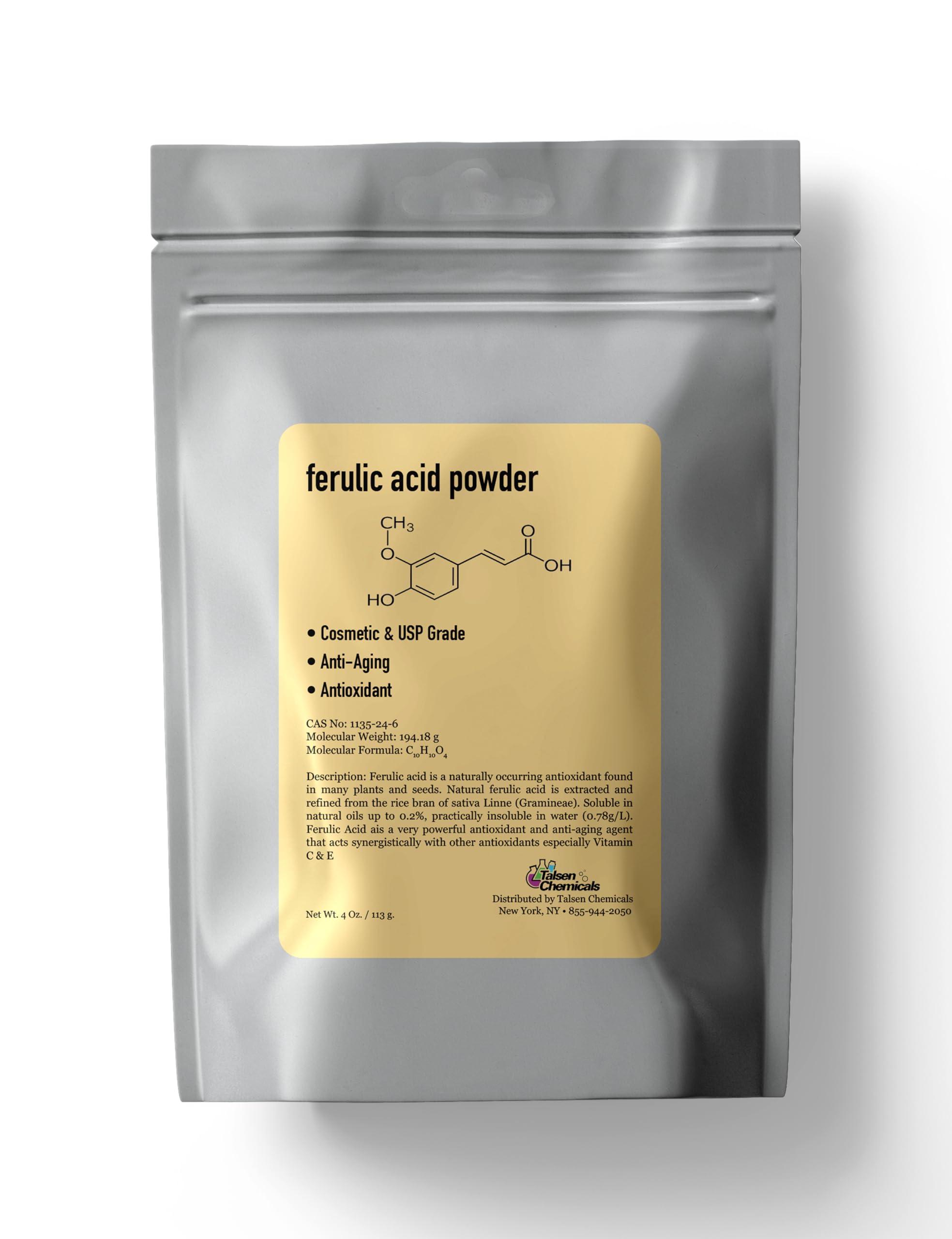 Ferulic Acid Powder Pure 99% Pure Cosmetic Grade Powder Pure Natural, DIY Skincare (4 Oz / 113 Grams), by Talsen Chemicals
