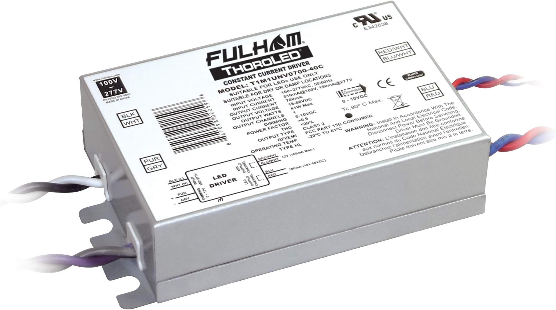 Fulham Lighting T1M1UNV0700-40C ThoroLED-Single Channel-0-10V Universal Voltage Input-700mA Constant Current Output-40W Max-18-58 VDC-Compact Case w/Side Leads-IP64 Dimming LED Driver