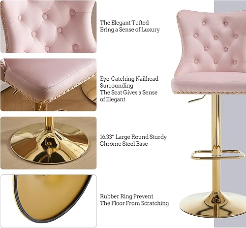 Miniatura 87 de Juego de 4 taburetes de bar giratorios ajustables de terciopelo con respaldo copetudo, ribete de cabezas de clavos y anillo de tracción, sillas de