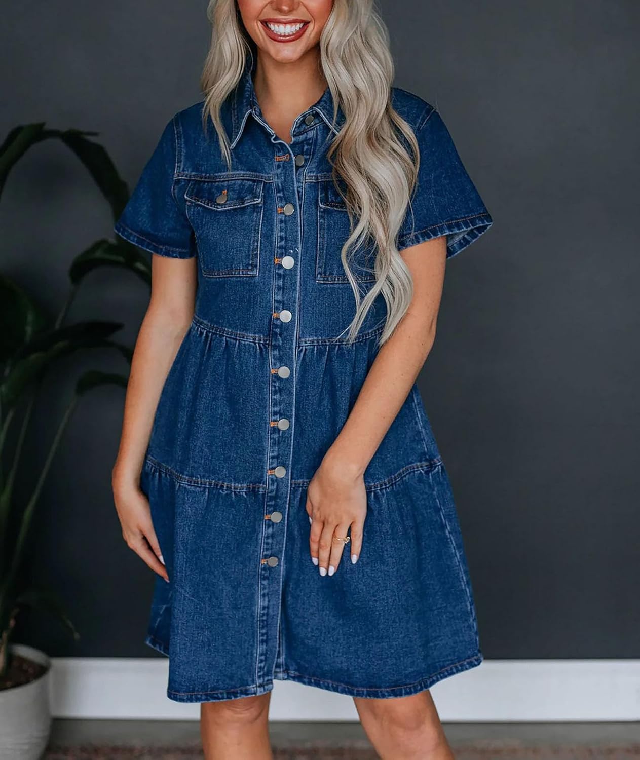 Sexyshine Women's Button Down Denim Babydoll Dress Lapel Collar Short Sleeve Flowy Tiered Ruffle Jeans Midi Dress - Image 4