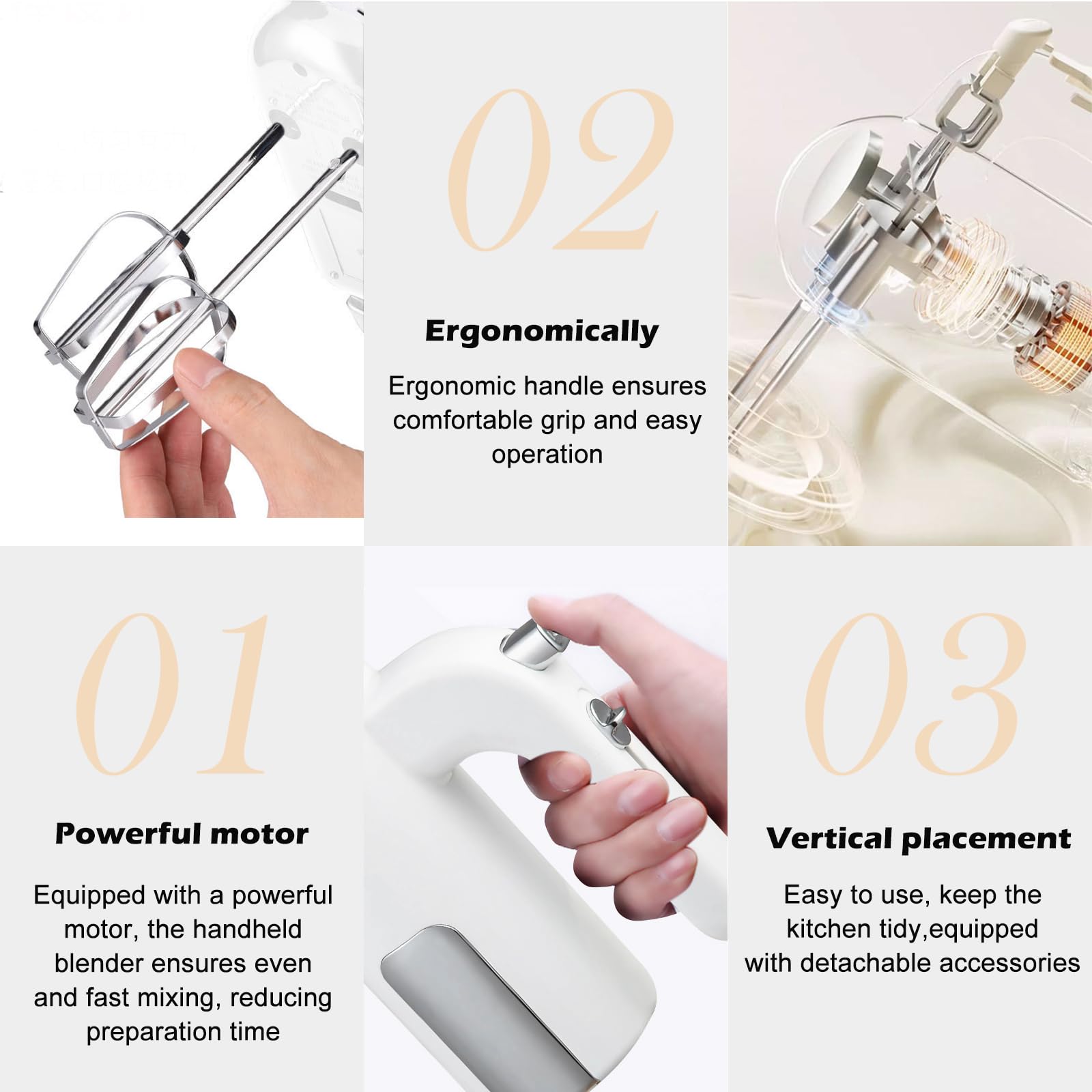 Handmixer 400W, Handrührgerät mit 5 Stufen & Turbo-Funktion, Edelstahl Rührgerät Hand Mixer mit 2 Rührbesen, 2 Knethaken, One-Click Reinigung, für Küche, Backen, Mixen & Kochen