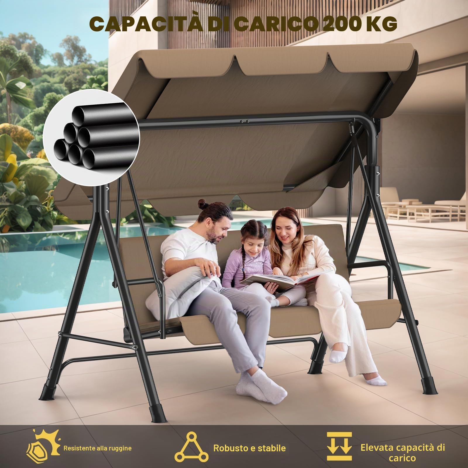 Dondolo da giardino a 3 posti, tettuccio parasole regolabile, imbottitura, acciaio, 175x110x152 cm, per giardino e terrazza, portata 200 kg, marrone