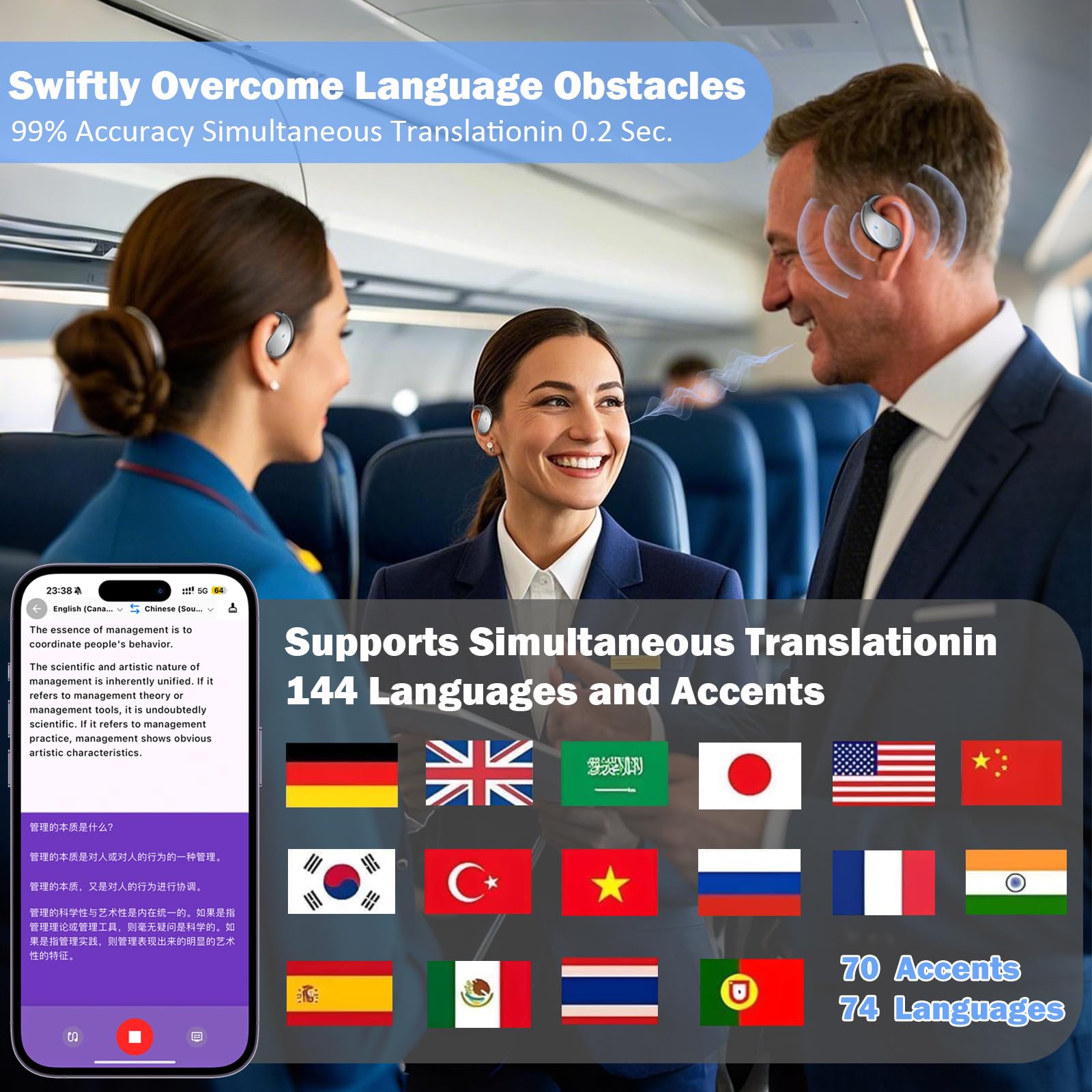 Casque de traduction en temps réel 3-en-1 avec 144 langues, Écouteurs traducteurs pour voyage et affaires
