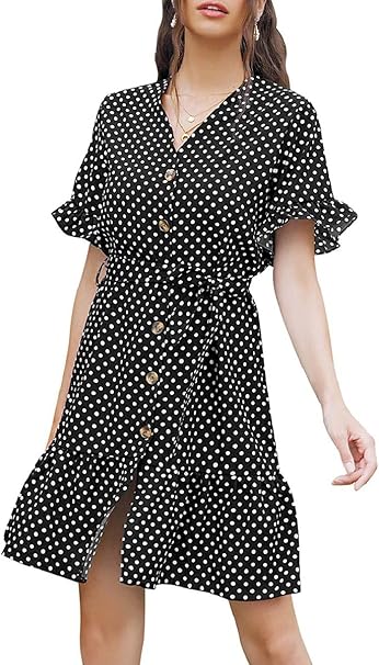 heekpek Sommerkleid Damen Pünktchen Kleid Knielang Sommerkleid Elegant  Knopfleiste V Ausschnitt Rüschen Kleider mit Gürtel : Amazon.de: Bekleidung