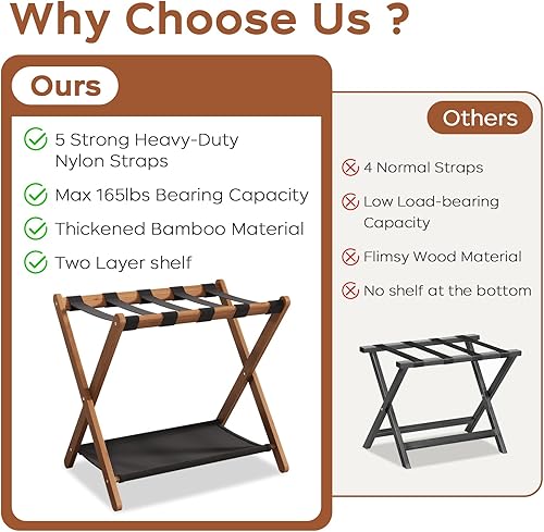 Miniatura 8 de Juego de 2 portaequipajes de nogal totalmente montados, soporte de bambú de 26.77 pulgadas para habitación de invitados, 5 correas de nailon,