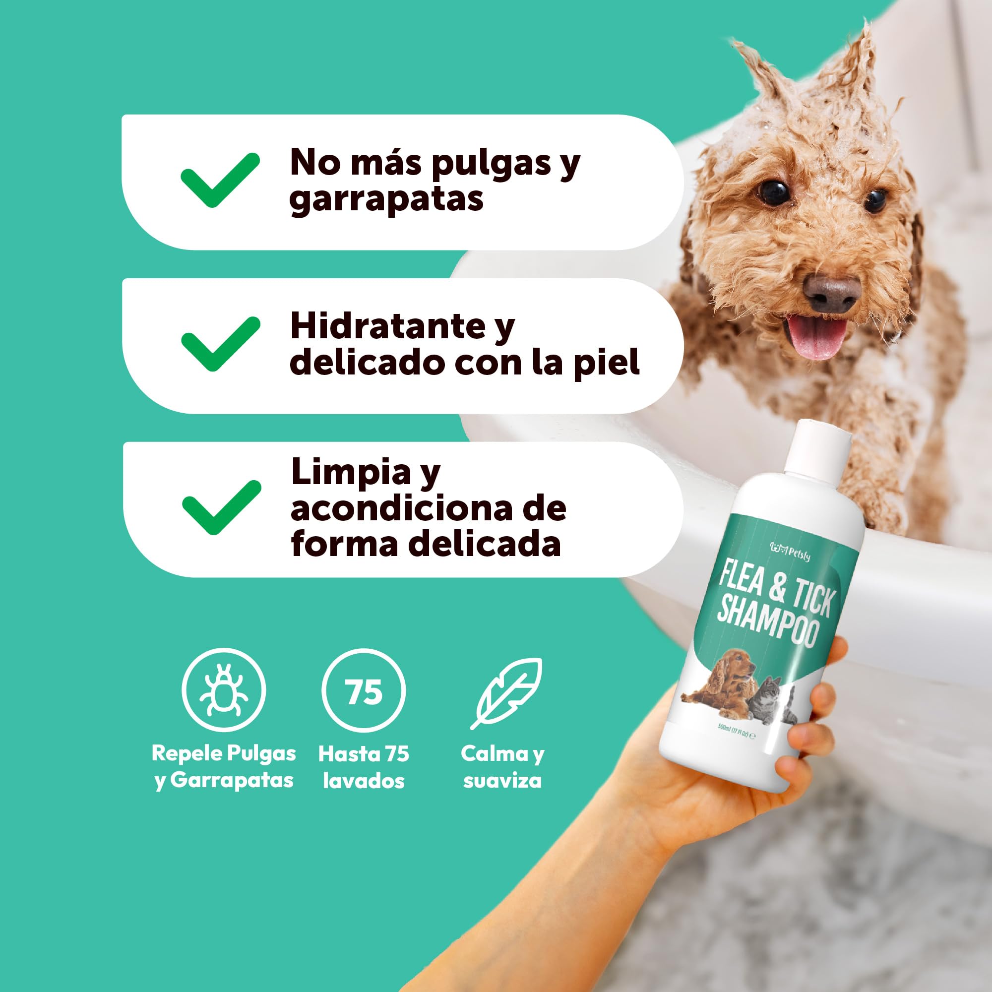Petsly® Champú Antipulgas para Perros y Gatos - Fórmula Natural con Geraniol y Árbol del Té - Control de Pulgas y Garrapatas - Hidratante y Suave para la Piel - 500 ml - Apto para Todas Las Razas