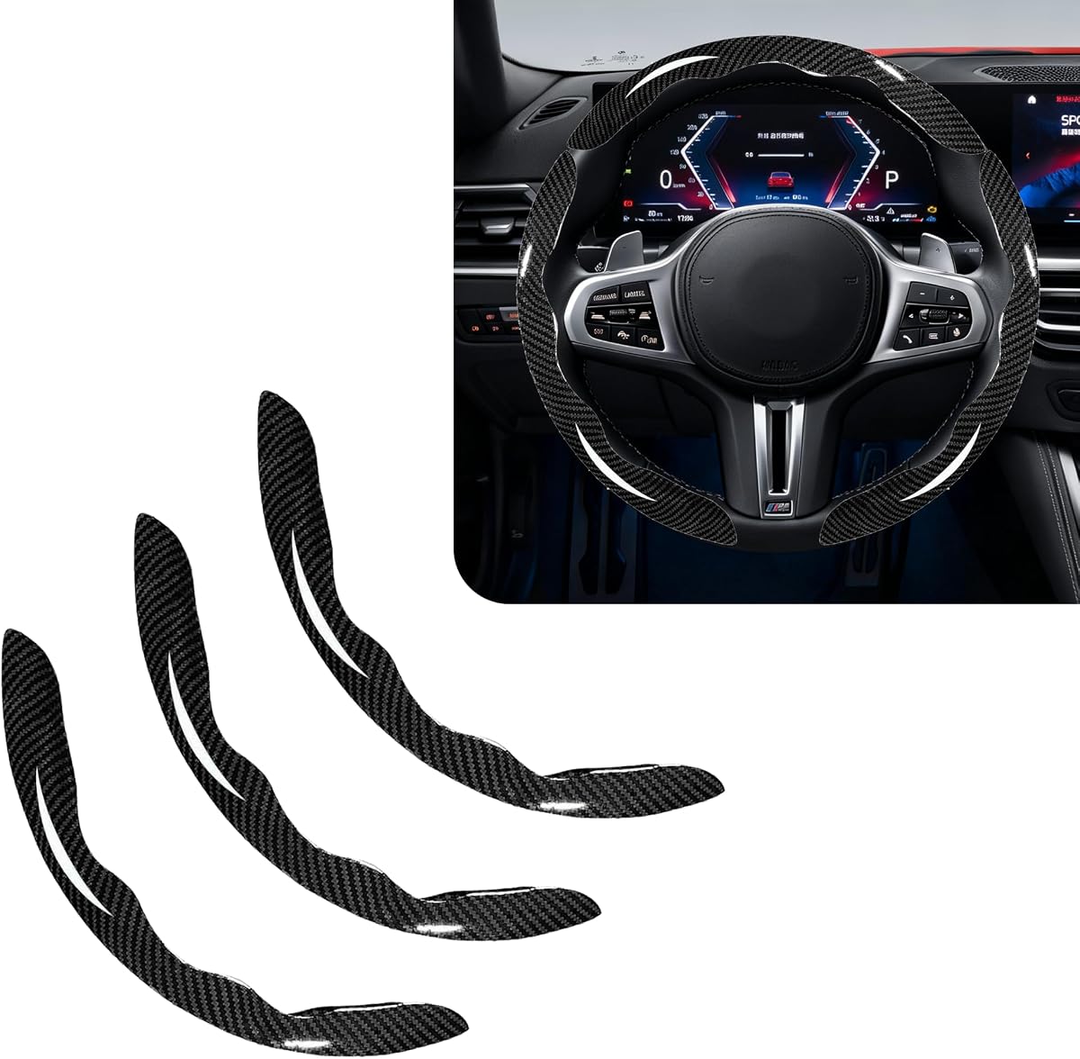 3pcs Universal Carbon Fiber Steering Wheel Cover, Anti-Slip & Segmented Design, Non-Slip Grip for Universal Cars for Men and Women,Interior Accessories for Cars Trucks (Black)