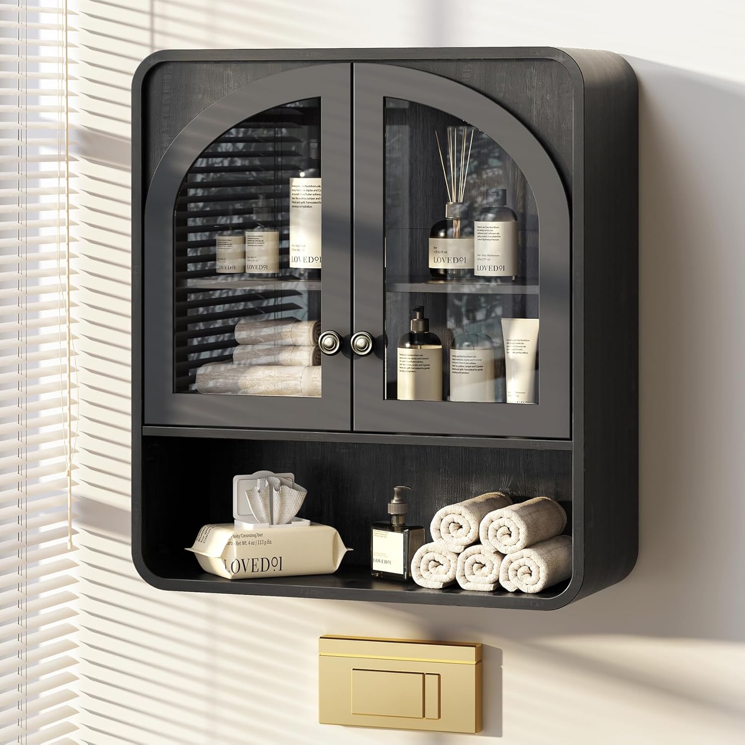 Bathroom Wall Cabinet, Medicine Cabinet Bathroom Cabinet Wall Mount with Arched Glass Doors & Adjustable Shelf, Over The Toilet Storage Cabinet for Laundry Room & Kitchen, 23" W x 29" H