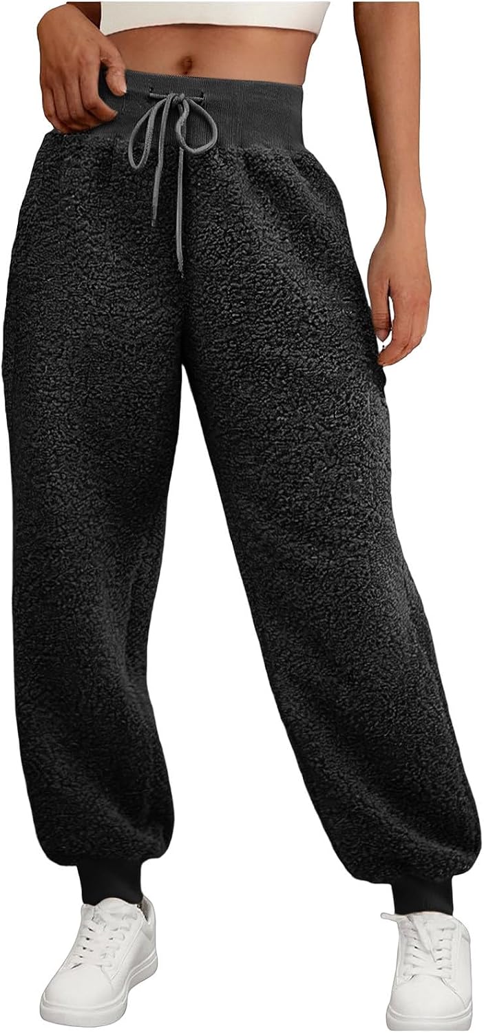 Fleece Pajama Pants Women Drawsting High Waist Fuzzy Sweatpants Casual Lounge Sleepwear Plush Pjs Pants Joggers