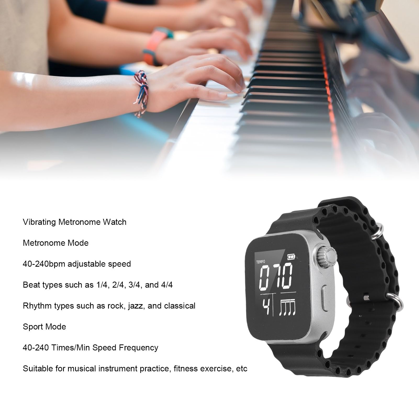 Bewinner Reloj con Metrónomo Vibratorio para Músicos y Entusiastas del Fitness, Entrenador de Ritmo Portátil con Ajustable 40-240 BPM, Modo Deportivo, Pantalla LCD, Recargable por USB (BLACK)