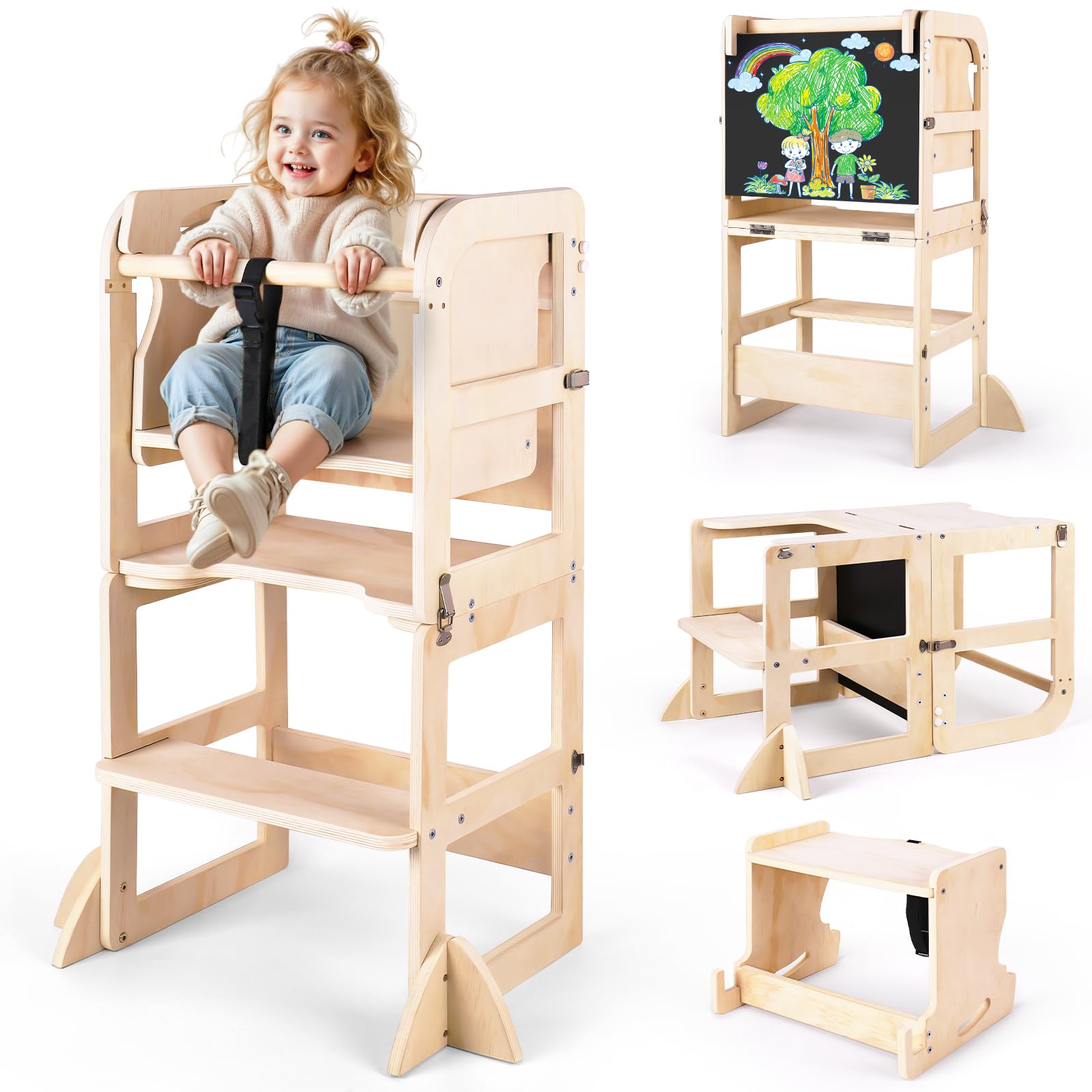 6 in-1 toddler kitchen step stool with wooden stool, foldable learning standing tower with blackboard & feeding tray, wooden kitchen stool helper for kids, 1-3 year old boy girl gifts