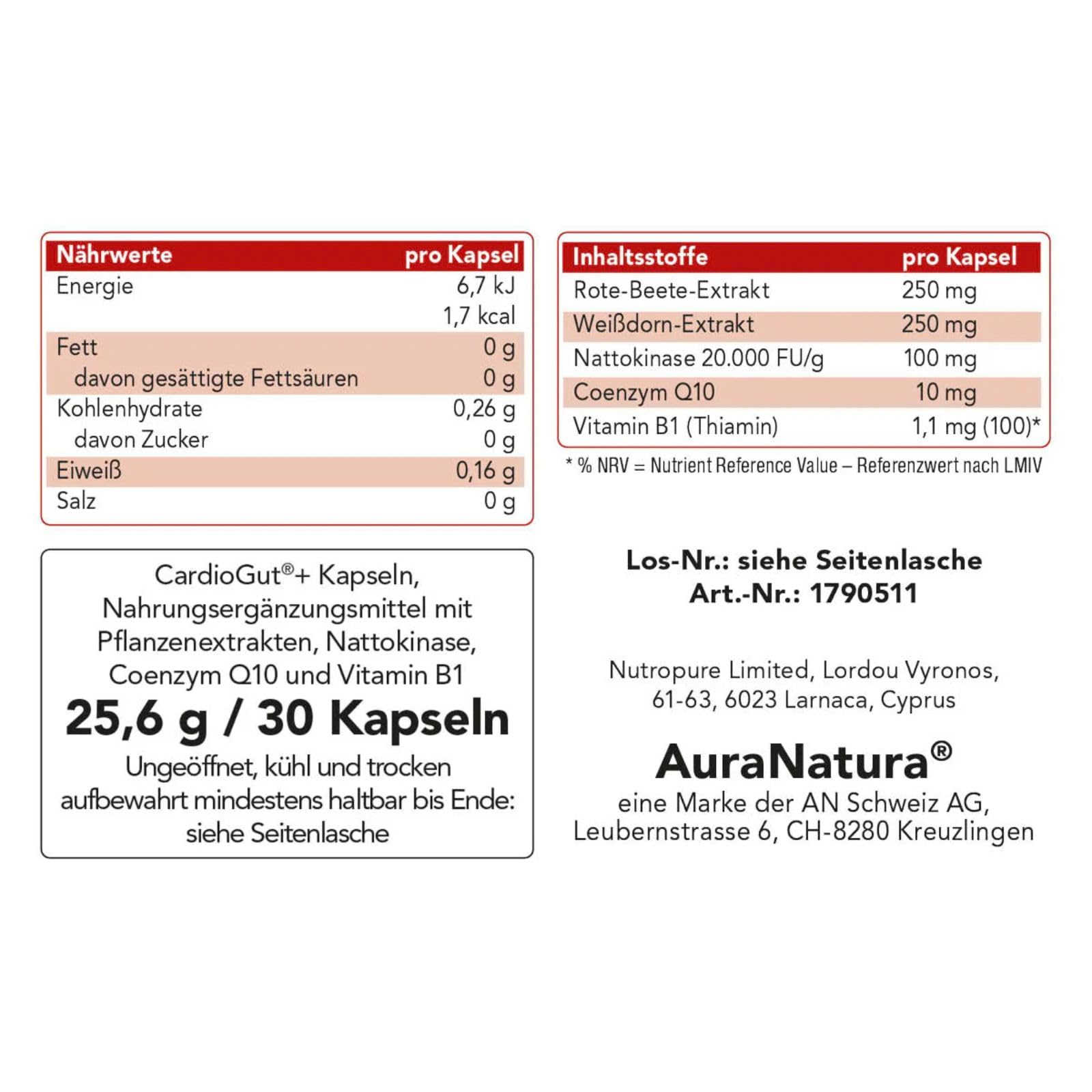 Aura Natura® CardioGut Plus – Rote Beete Kapseln mit Nattokinase, Coenzym Q10, Vitamin B1 & Weißdorn – Herz & Kreislauf Unterstützung | 30 vegane Kapseln