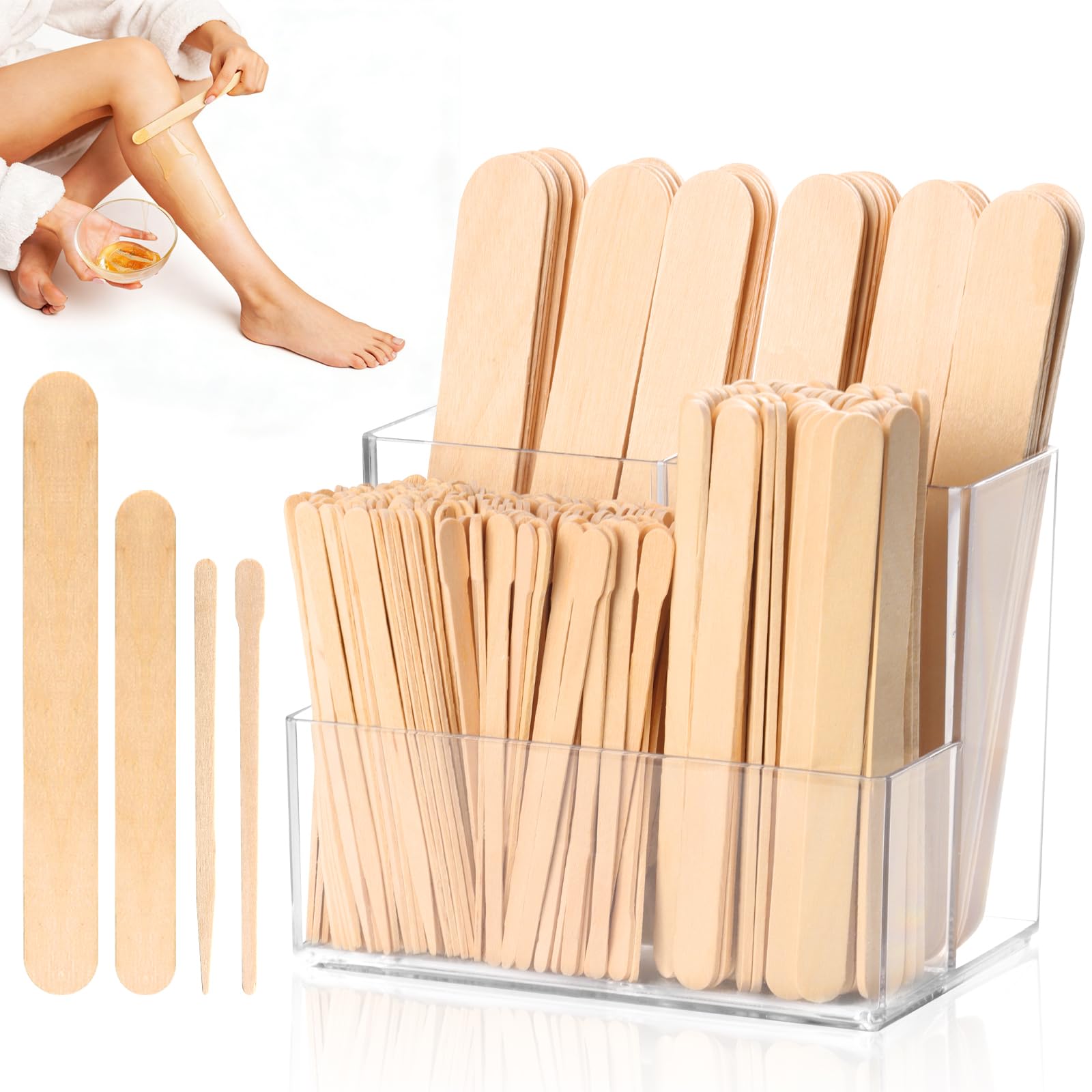 300 PCS 4 Style Waxing Sticks Wooden with Acrylic Organizer Assorted Wax Applicator Sticks Small Medium Large Popsicle Sticks Bulk Craft Sticks Jumbo for Body Legs Face WoodCraft Tongue Depressor