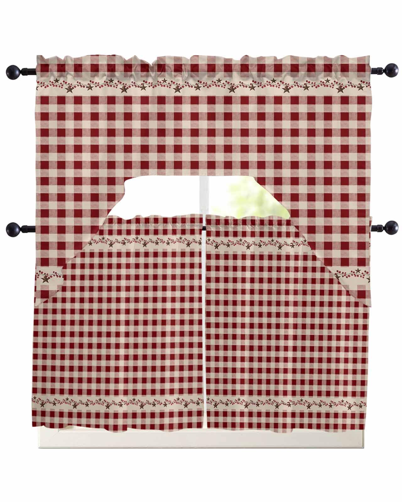 Country Star Plaid Swag Kitchen Curtains Valance and Tier Set 36 Inch Length, Retro Red American Farm Barn Berry Rod Pocket Swag Curtains for Living Room Bedroom Bathroom Window Drapes 3 Piece