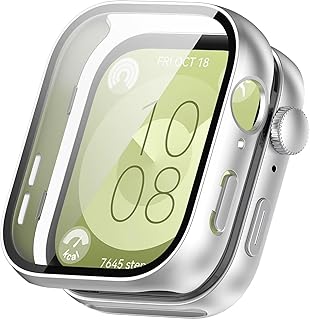 حافظة حماية صلبة رفيعة بتغطية كاملة مع ممتص مدمج للصدمات من الزجاج المقوى من دلع موبايلك متوافقة مع ساعة هواوي فيت 3 (فضي)