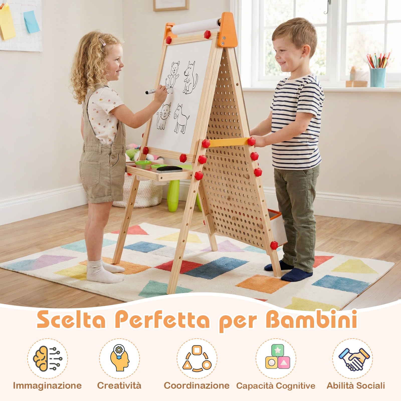 COSTWAY Lavagna per Bambini, Cavalletto Pieghevole e Regolabile, Lavagna Magnetica Doppia Faccia con Rotolo di Carta, Vassoio Portaoggetti e Corsa per Biglie, per 3+ Anni