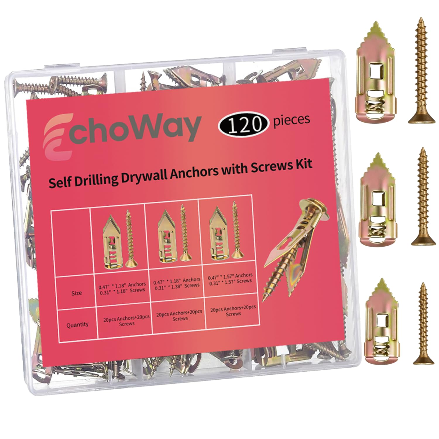 3 Sizes Self Drilling Drywall Anchors with Screws Kit, 120PCS Heavy Duty Galvanized Metal Expansion Anchors, Drywall Grip Anchors and Screws for Shelf