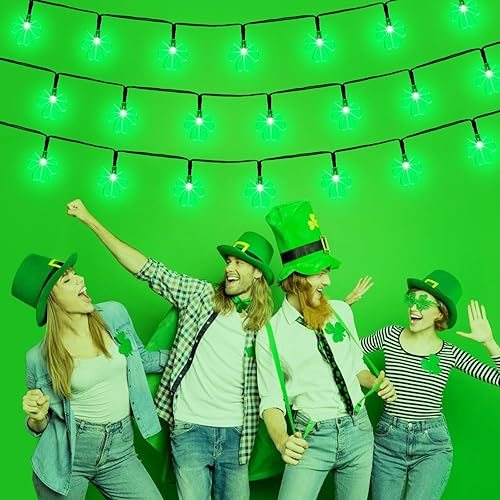 Miniatura 5 de X-GiftKey Guirnalda de luces solares de trébol para exteriores, 8 modos, 50 luces LED de trébol verde para decoración de regalos del día irlandés,