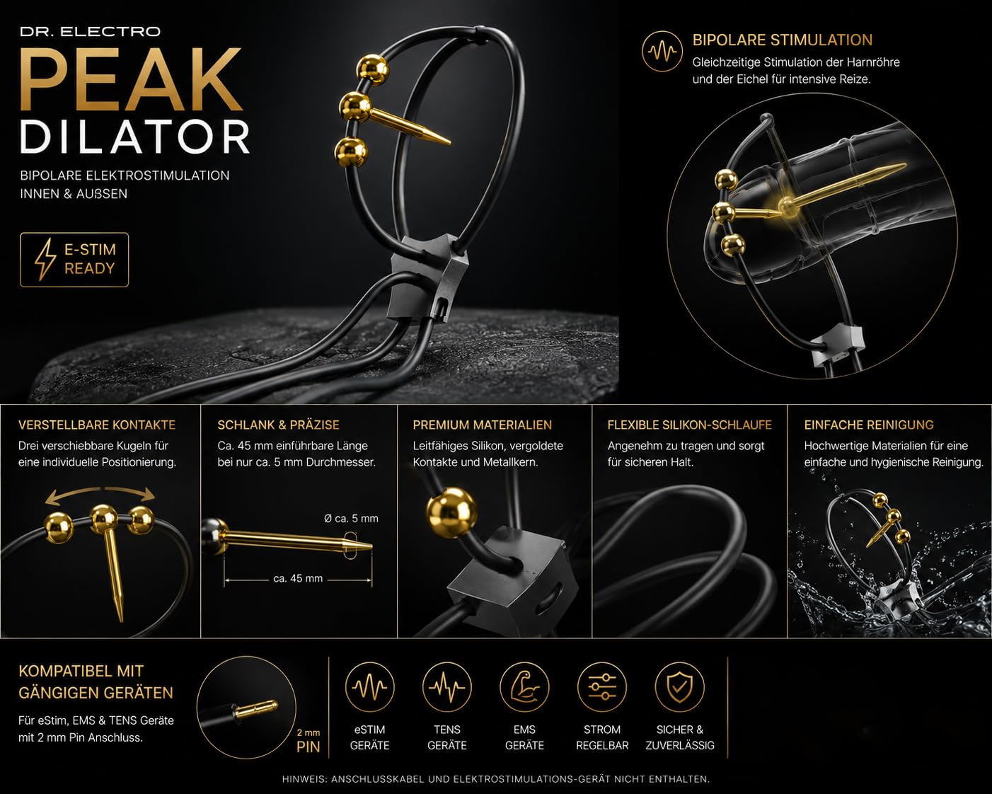 Dr. Electro ESTIM Dilator cinturino da polso, Harn alla Plug con silicone cinturino da polso, per elettrostimulazione lation, Gold