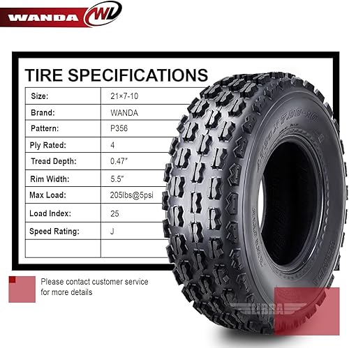 Miniatura 4 de WANDA (2) Neumáticos deportivos GNCC Racing 21x7-10 aptos para Yamaha Raptor 350 660 700 YFZ450 delanteros