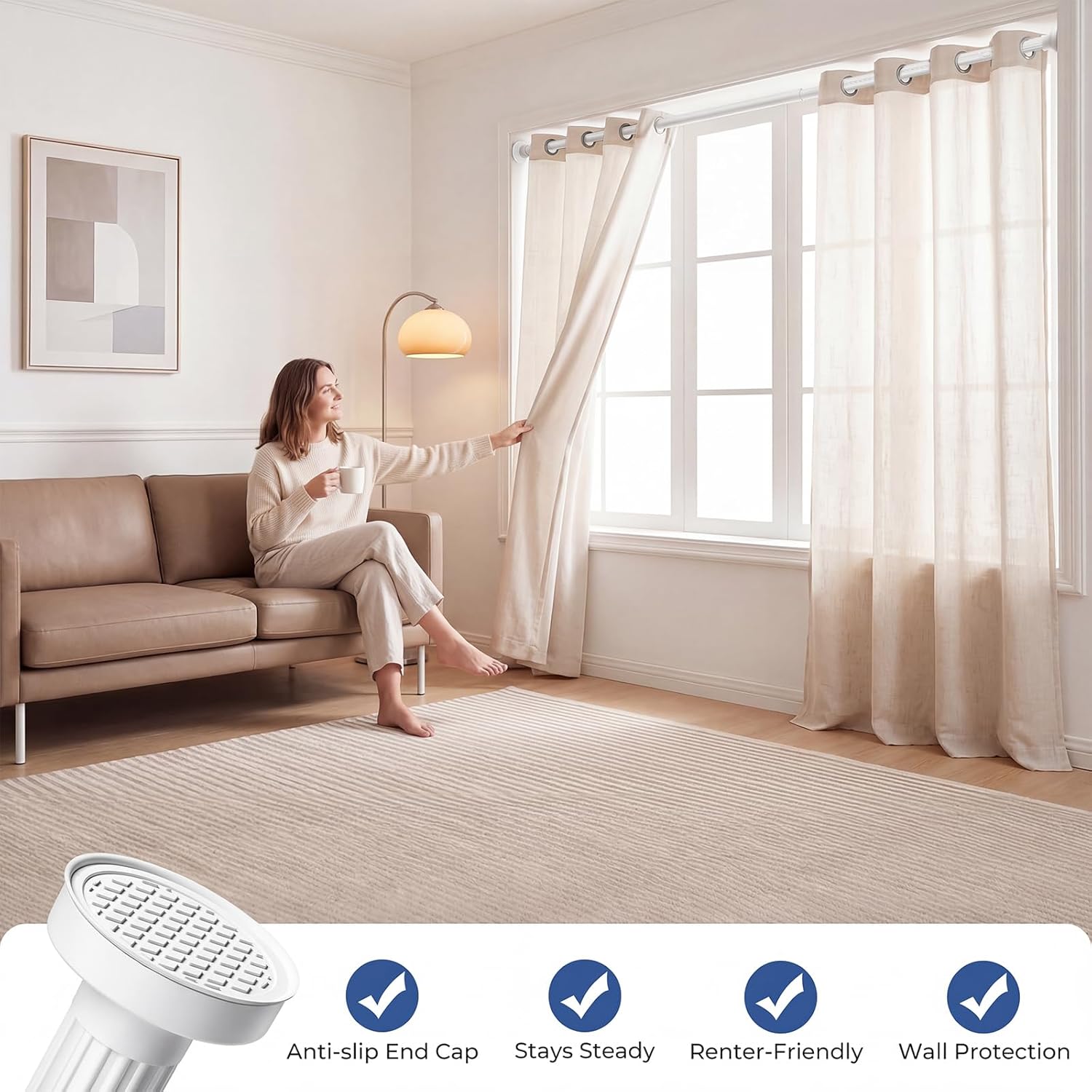 ALLZONE Adjustable Tension Curtain Rod, 40-121 inches, Heavy Duty Curtain Rods No Drilling, Anti-Slip Tension Rod for Window, Shower, Outdoor & Patio, Easy to Install, 1.26In Diameter, White