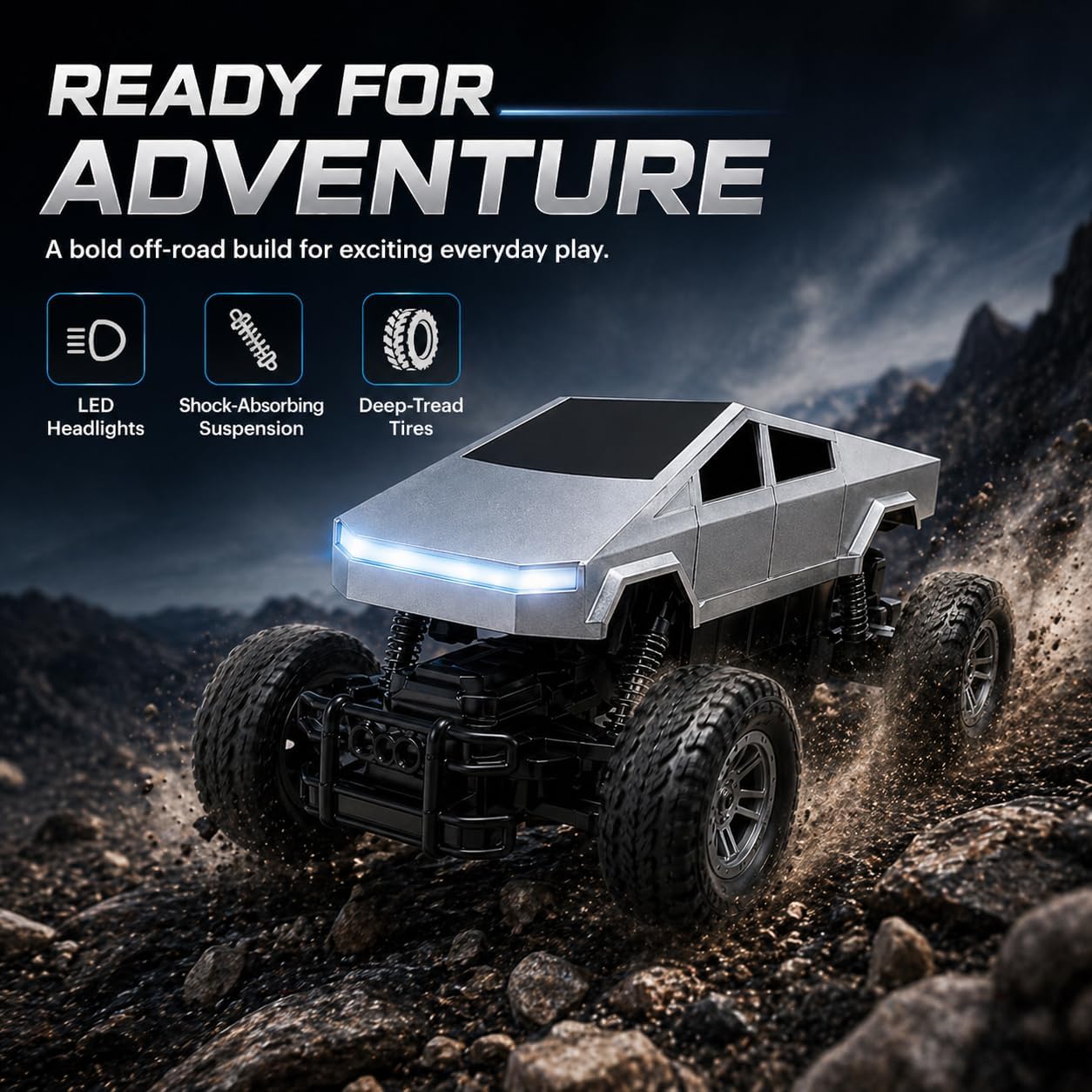 Remote Control Car, 1:18 RC Truck for Kids, 2.4GHz Remote Control Pickup Toy, All Terrain Off Road Vehicle with LED Lights, Silver Truck Gift for Boys Girls Ages 4-12