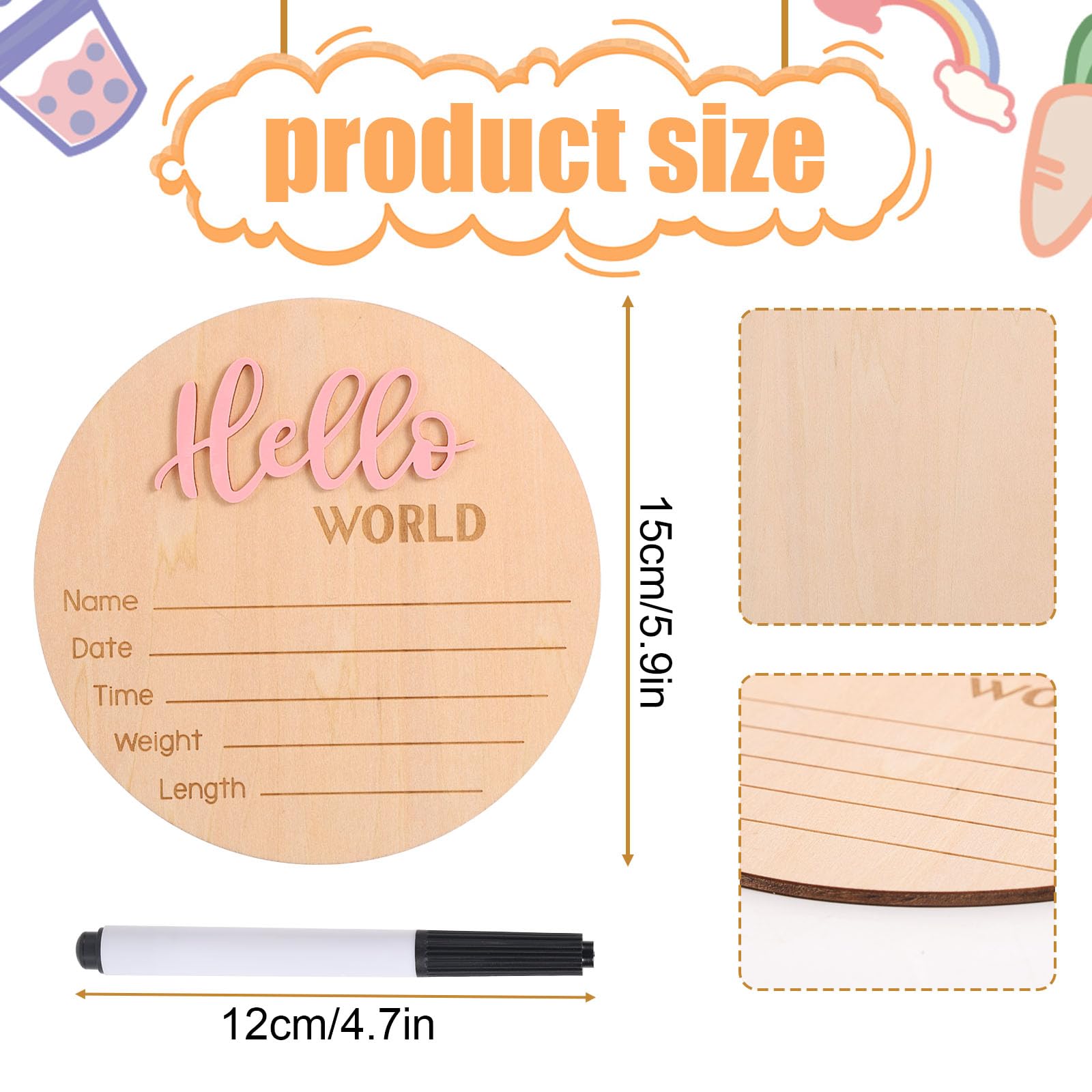 Cartello di Annuncio del Neonato in Legno 15 cm con Scritta Hello World Rosa Chiaro per Baby Shower