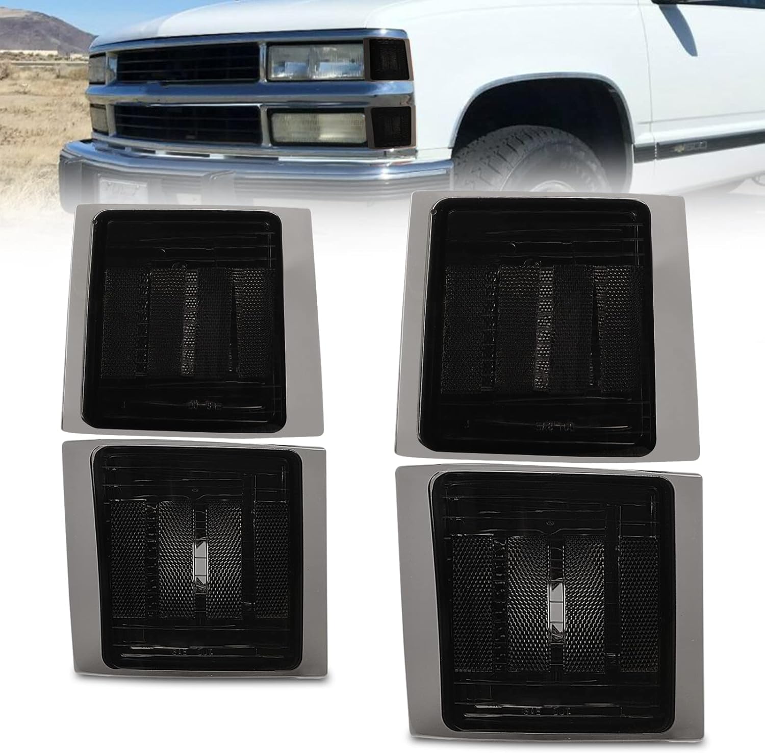 Bestview Front Turn Signal Corner Light Assembly, Upper Lower Side Marker Reflector Lamp, Chrome Housing Smoked Lens Compatible with Chevy C/K 10 Pickup Truck 1500 2500 3500 1994-1998 Tahoe 1995-1999
