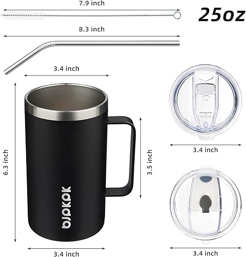 Miniatura 5 de BJPKPK Taza de café aislada con 2 tapas, vaso aislado de acero inoxidable de 25 onzas con asa, tazas de café al vacío de doble pared, taza de viaje