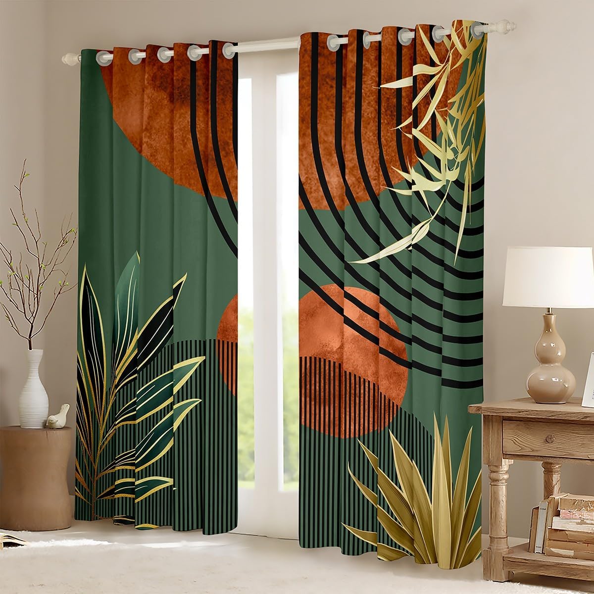 Erosebridal Mid Century Curtains 42" W x 63" L Vintage Bohemian Blackout Curtains,Modern Minimalist Window Curtain & Drapes Abstract Geometric Stripes Art Window Treatments,Green Orange