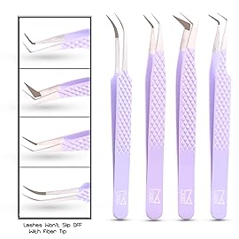 M LASH Tweezers for Eyelash Extensions (Set of 4) - Professional Lash Extension Tweezers - Fiber Tip, Japanese Steel, Diamond Grip Eyelash Extension Tweezer set (Digital Lavender)