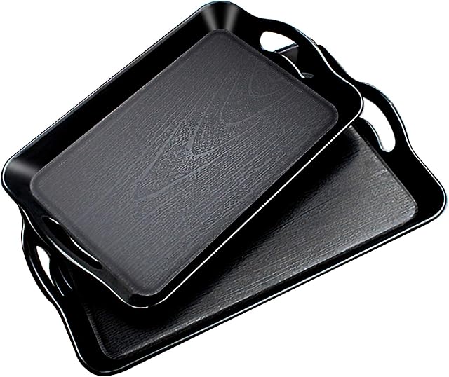 Uniyou Wood Grain Serving Tray with Handles Rectangular Thickened Waterproof Heat Resistant Plastic Serving Tray with Wide Handle, Black 16.5'' x 11'' and 14.5'' x 9''