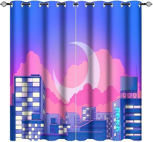 Cortinas opacas con diseño de estrellas y luna de dibujos animados para niños, cortinas de ventana con estampado de ciudad de anime 3D, cortinas de