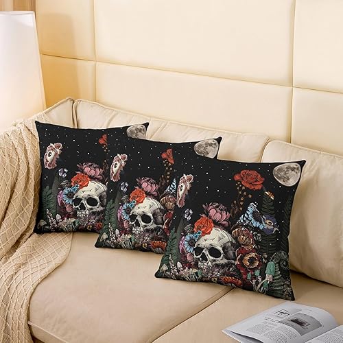 Miniatura 4 de Paquete de 2 fundas de almohada de calavera de azúcar decoración de sofá fundas de almohada florales botánicas para niños y niñas fundas de cojín de