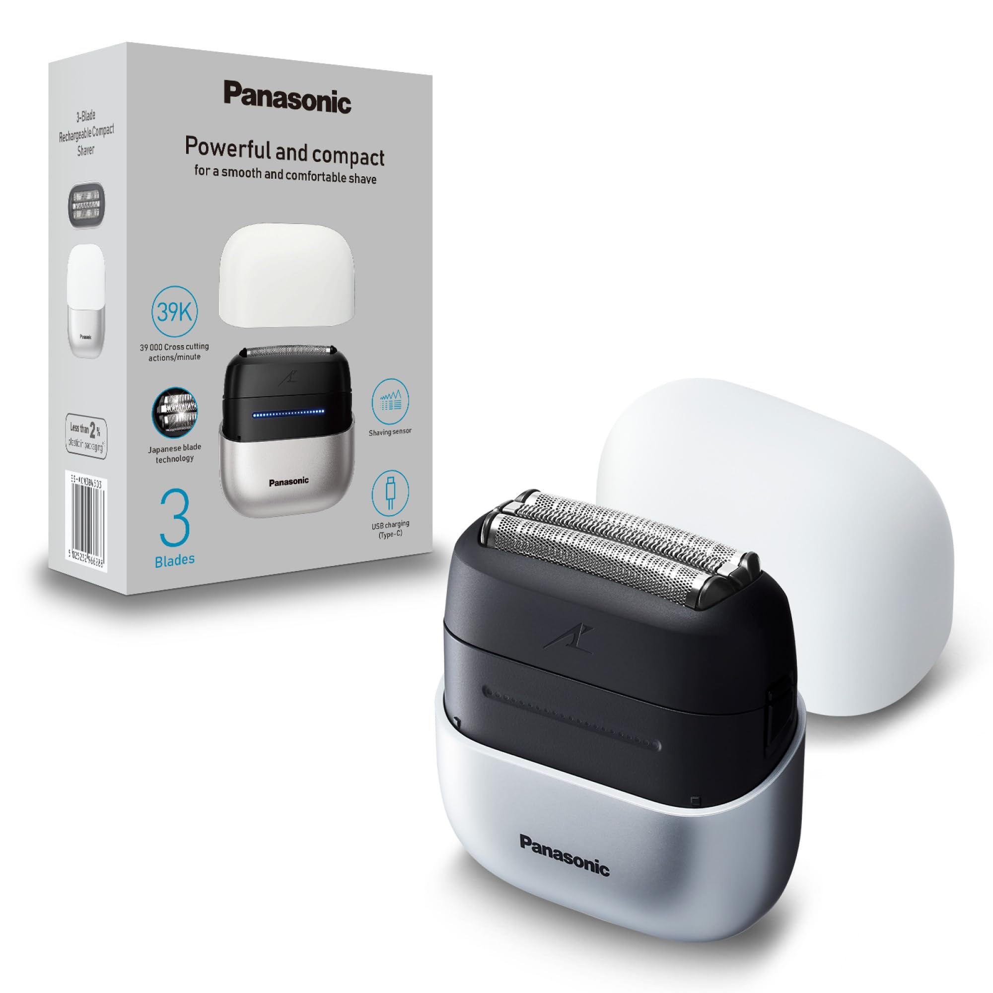Panasonic ES-ACM3BW503 Série 700s Rasoir Compact 3 Lames, rasoir électrique utilisable à sec ou sous l'eau, capteur de barbe, étanchéité IPX7, chargeur USB-C, adaptateur d'alimentation AC USB, blanc.