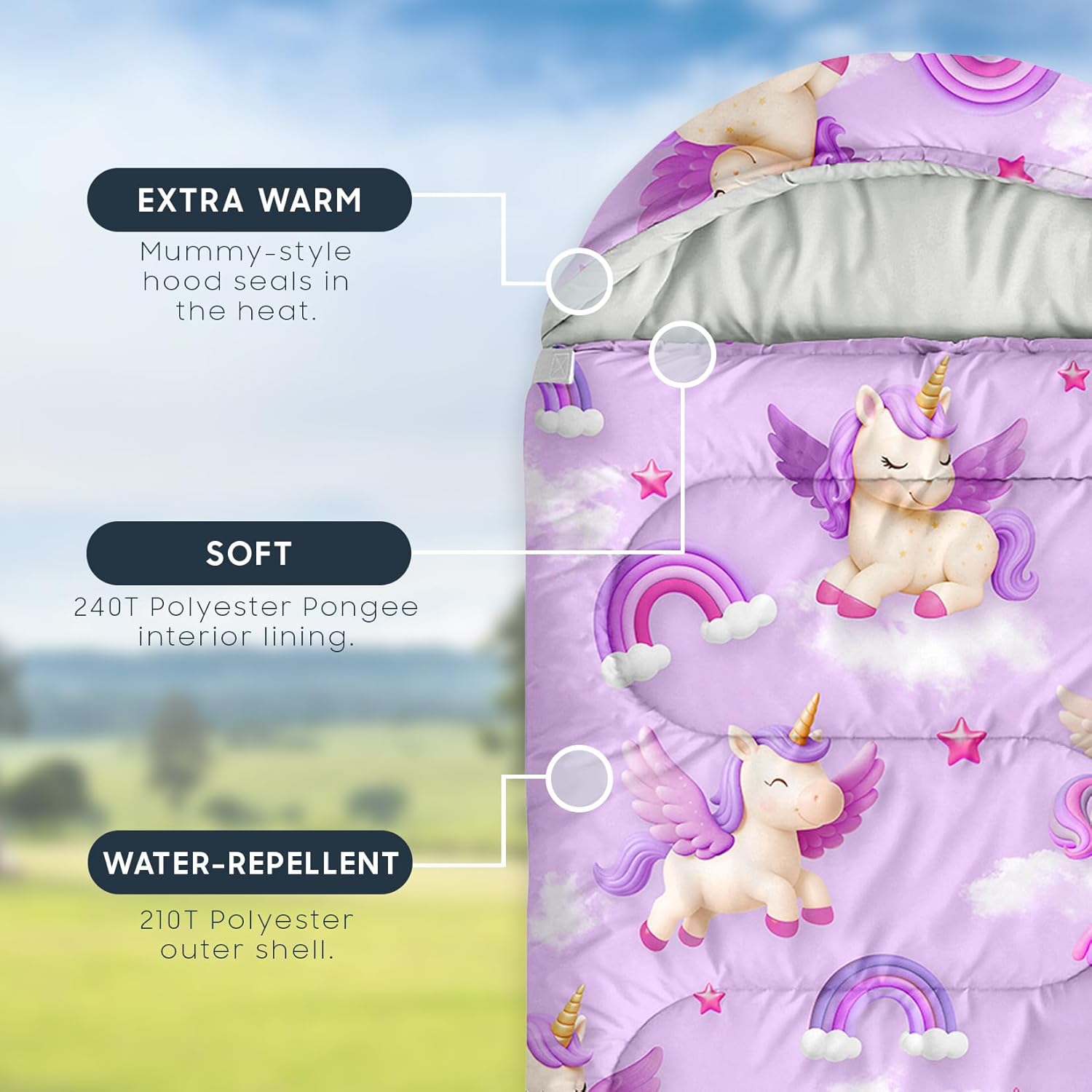 Wake In Cloud - Kids Sleeping Bag for Girls Toddlers, Camping in Warm Cold Weather, Backpacking Lightweight Compact Outdoor Liner for 3 Seasons, 3D Winged Unicorns