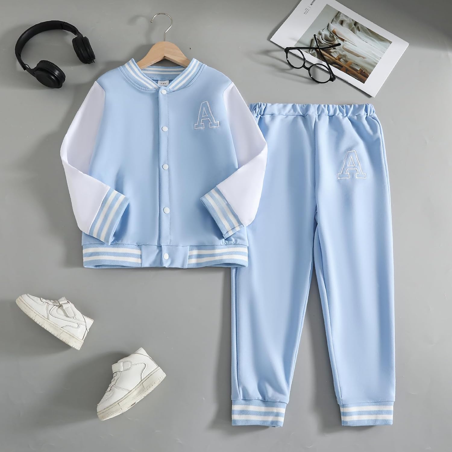 Boys Color Block Button Down Shirt and Jogger Pants Button Up Sweatsuits Sets (Size: 5-12T) - Image 6