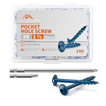 100 PCS No.8 x 38 mm Pocket Hole Screws, Blue Coated Hardened Steel, Washer Head, Square Drive, Coarse Self-Cutting Thread, Includes 50mm & 150mm Bits   Ideal for Wood & DIY Projects
