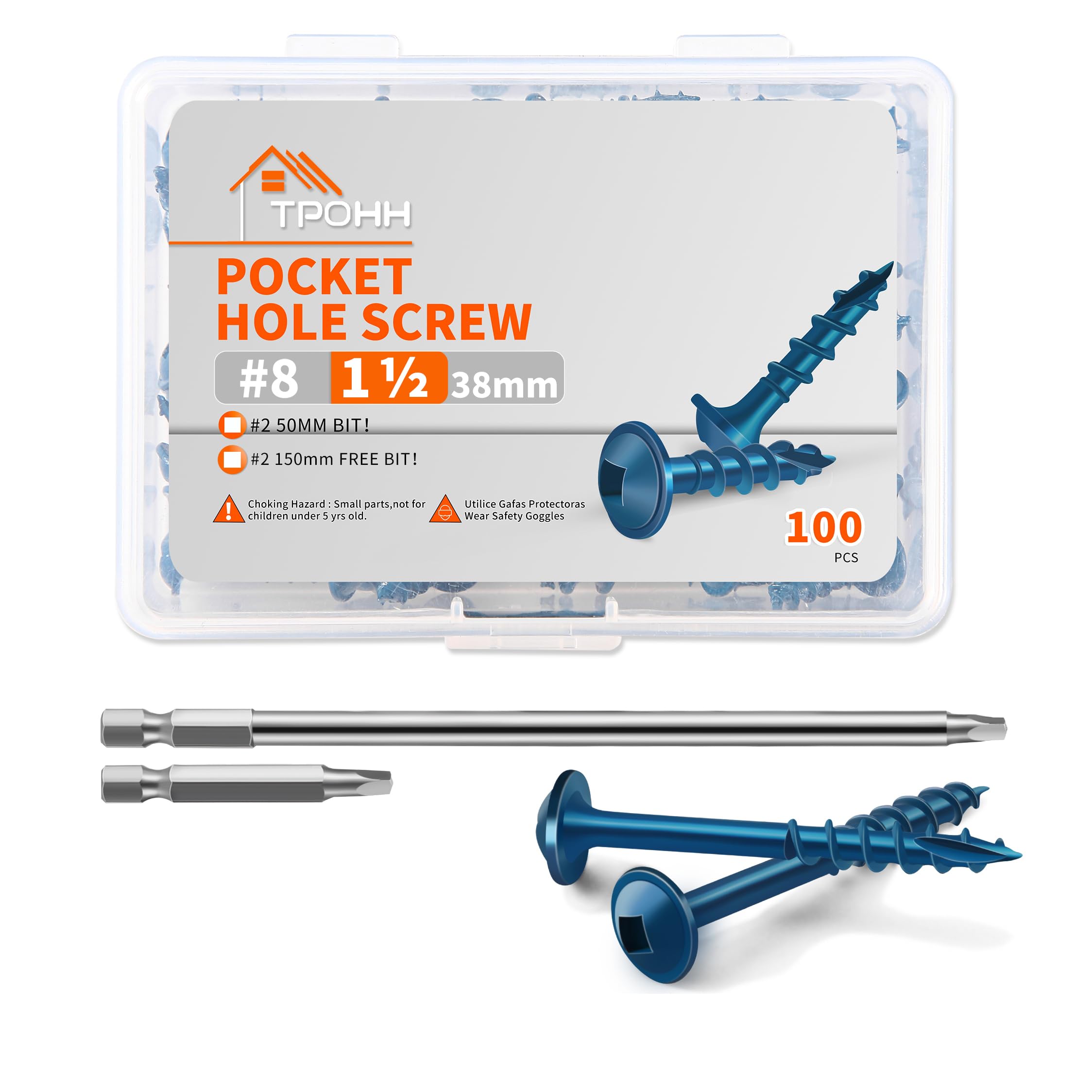 100 PCS No.8 x 38 mm Pocket Hole Screws, Blue Coated Hardened Steel, Washer Head, Square Drive, Coarse Self-Cutting Thread