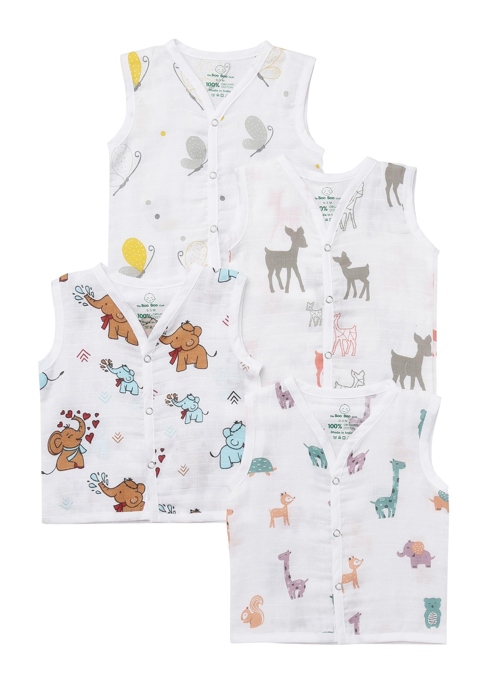 The Boo Boo Club Organic Cotton Baby Jhabla | Pack of 4 Newborn Sleeveless Jabla | 12 to 18 Months Infant Summer Wear | Soft & Breathable Muslin Fabric | Easy Button Closure Vest